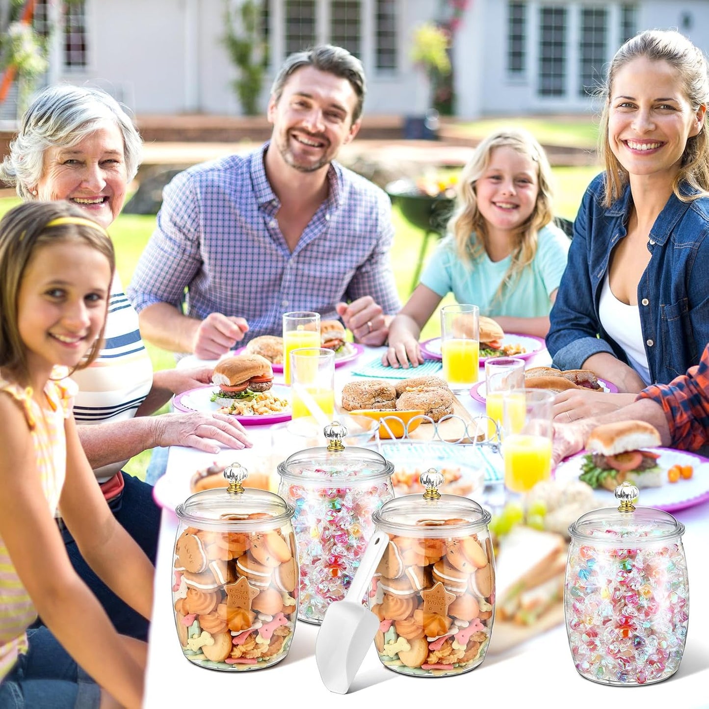 Nuogo 4 Pcs Plastic Candy and Cookie Jars with Lids Clear Cookie Container Candy Jars Large Airtight Apothecary Storage Organization for Wedding Home Kitchen Bar(64 oz)