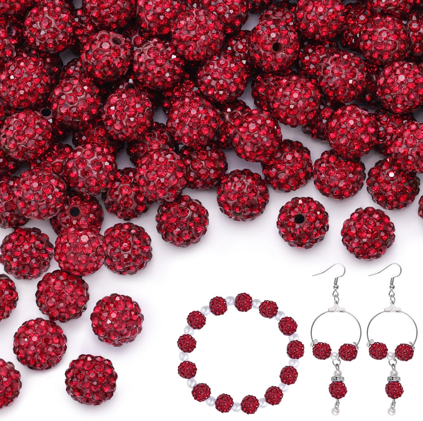 200pcs 10mm Dark Red Rhinestone Beads for Jewelry Making, Shiny Round Shamballa Disco Ball Beads Bulk, Sparkle Crystal Clay Christmas for Bracelet Baseball Necklace Earring Crafting and DIY