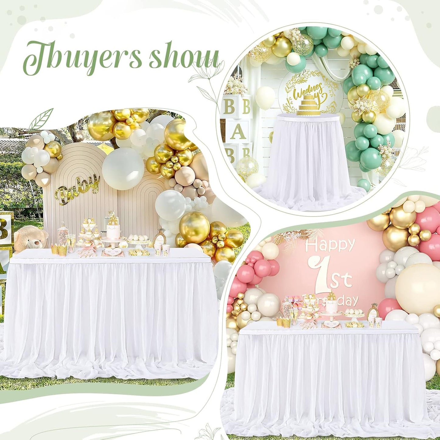 White Table Skirt for Rectangle Tables 14FT Chiffon Sheer Tablecloth for Birthday Party Sweetheart Cake Table Decoration