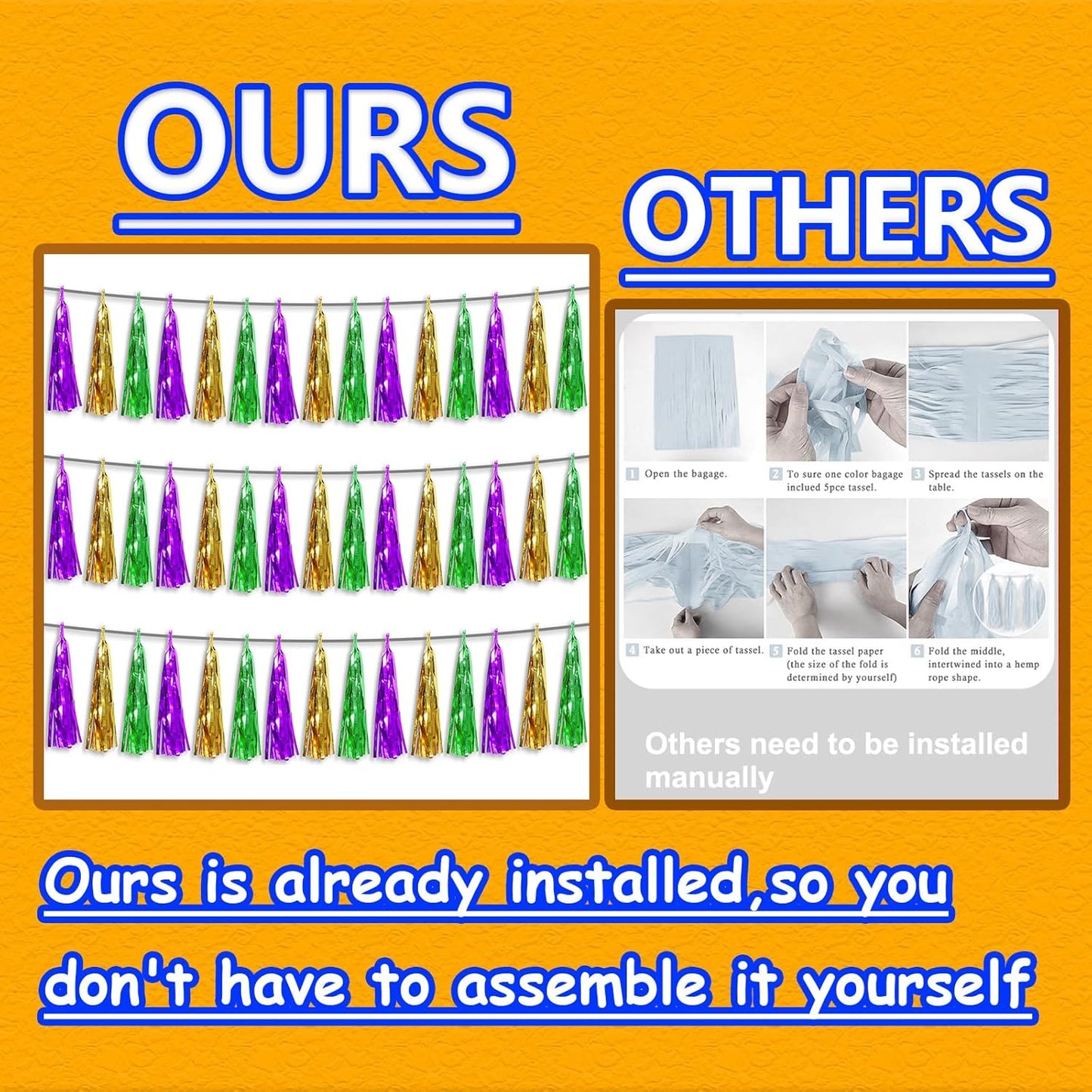 3P Metallic Fringe Tassel Banner Garland Foil Tinsel Streamer Wall Hanging Curtain Backdrop Banner for Parade Floats, Graduation, Carnival Mardi Gras Party Decorations(Gold Green Purple)