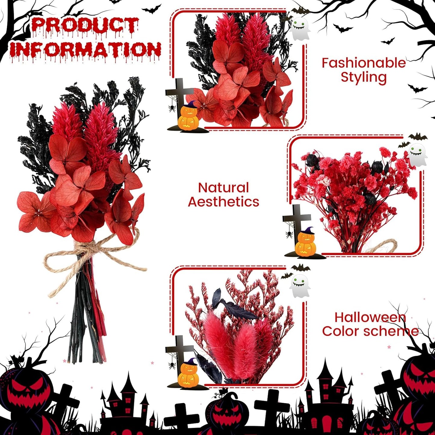 10/12/24/36 Pack Mini Dried Flowers for Vase Wedding Various Mini Bouquet Dried Small Wildflowers Natural Flowers Bulk for Crafts DIY Decor (12, Halloween Color3)