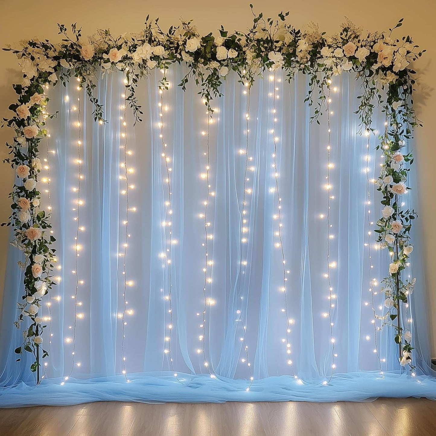 Tulle Backdrop Curtain with Lights String 10FT X 10FT Baby Blue Sheer Tulle Backdrop Curtains for Wedding Birthday Party Reception Photo Booth Background Decorations (2 Panels 5x10FT)