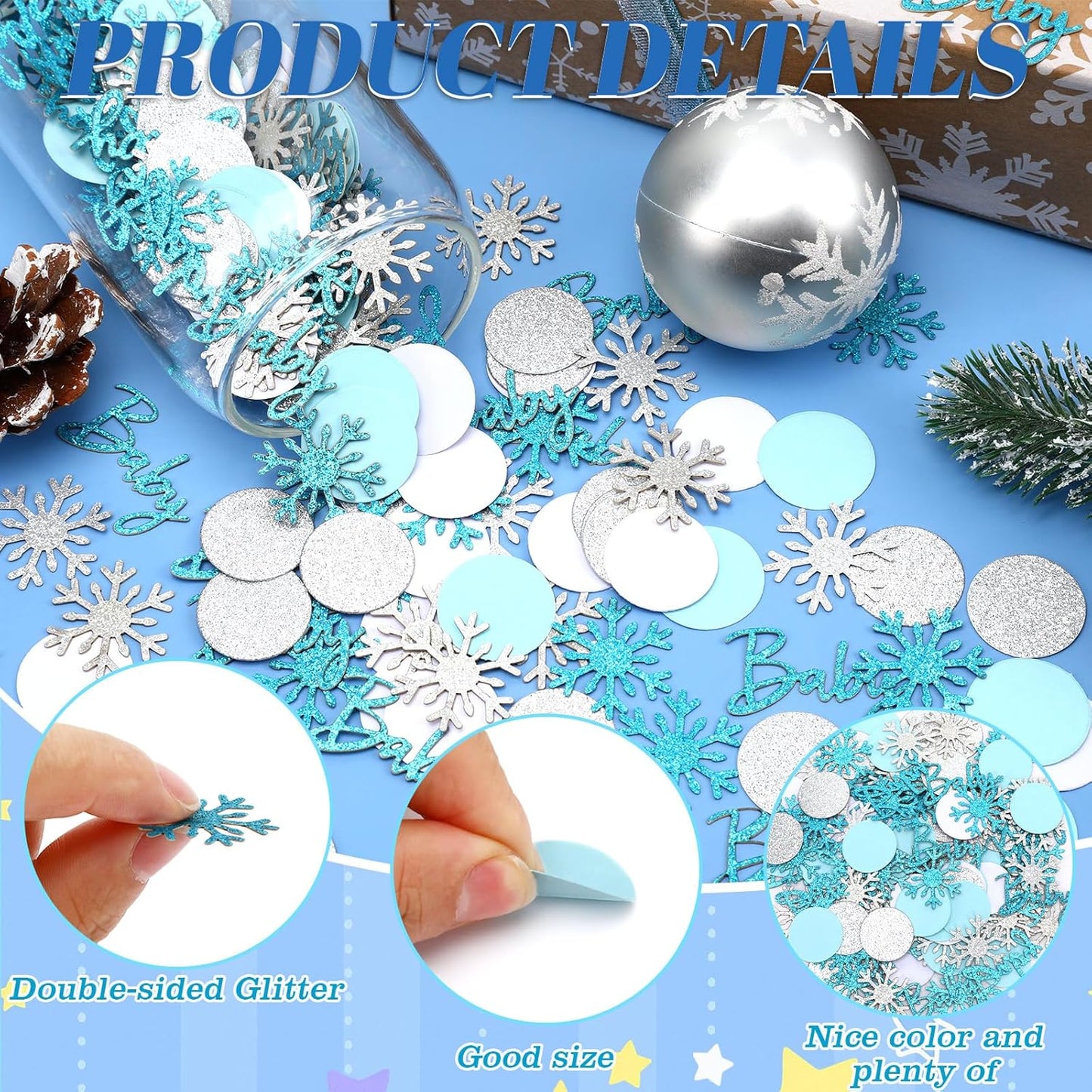 MARFOREVER Winter Baby Shower Table Confetti, 200 Pcs Glitter Blue Silver Snowflake Table Decorations Winter Gender Reveal Party Confetti Sprinkle for Winter Birthday Party Baby Shower Decorations