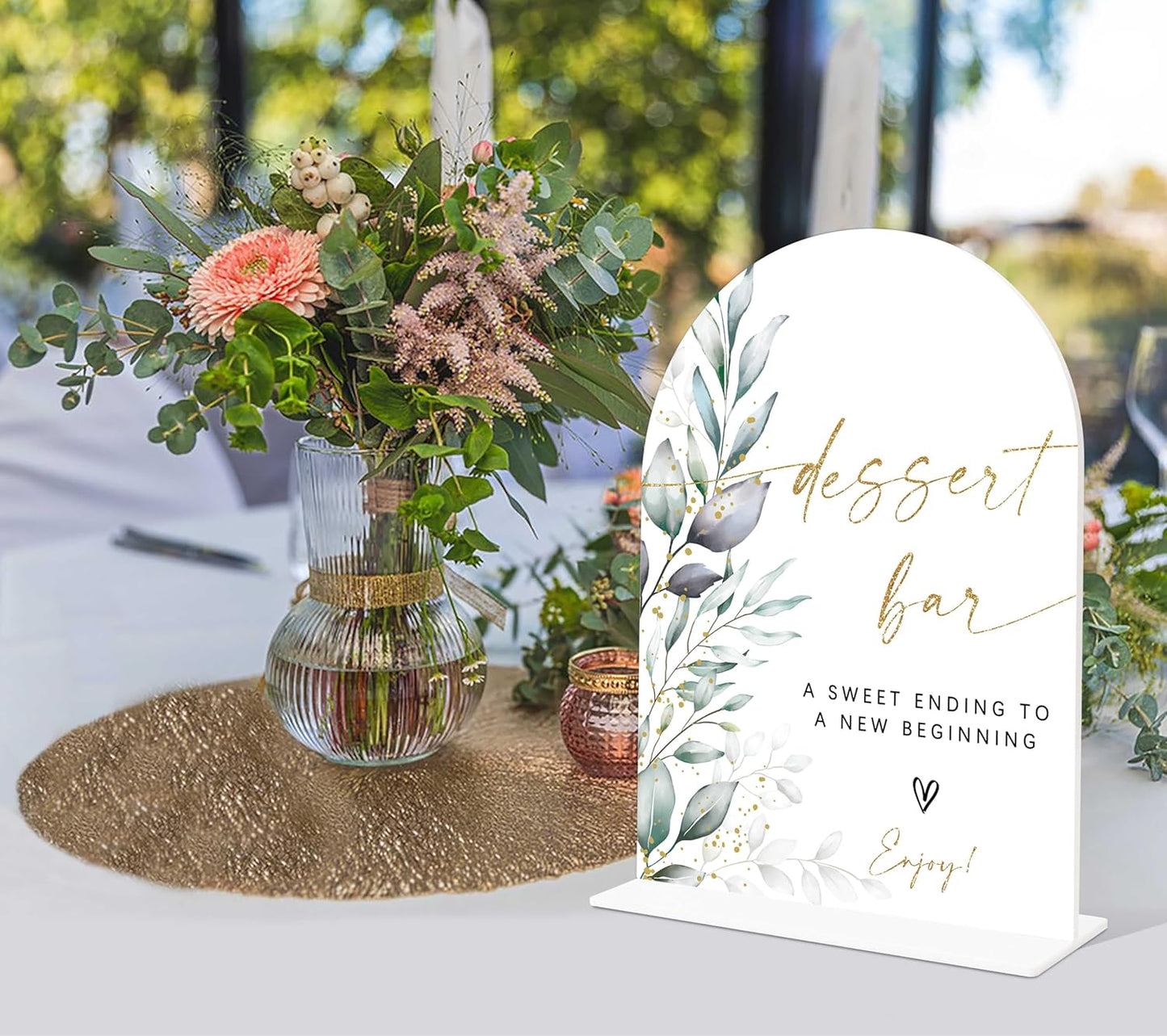 Acrylic Wedding Signs, Greenery Theme Dessert Bar Sign, Wedding Reception Signage, Bridal Shower Table Decor with Stand, Dessert Bar Supplies for Engagement, Anniversary, Newlywed Event and Party, 06