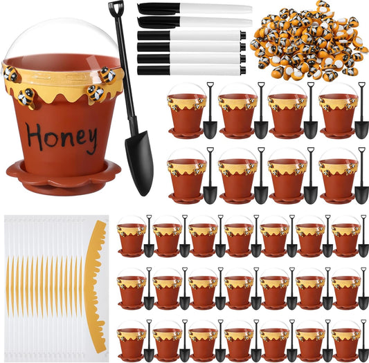 30 Sets Mini Honey Bee Pots with Lids, Spoon, Saucers and Bee Charms, 6.76 OZ Plastic Honey Jars for Cupcake Dessert Themed Party Favor Planter Baby Shower Birthday Wedding Decoration (Brown)