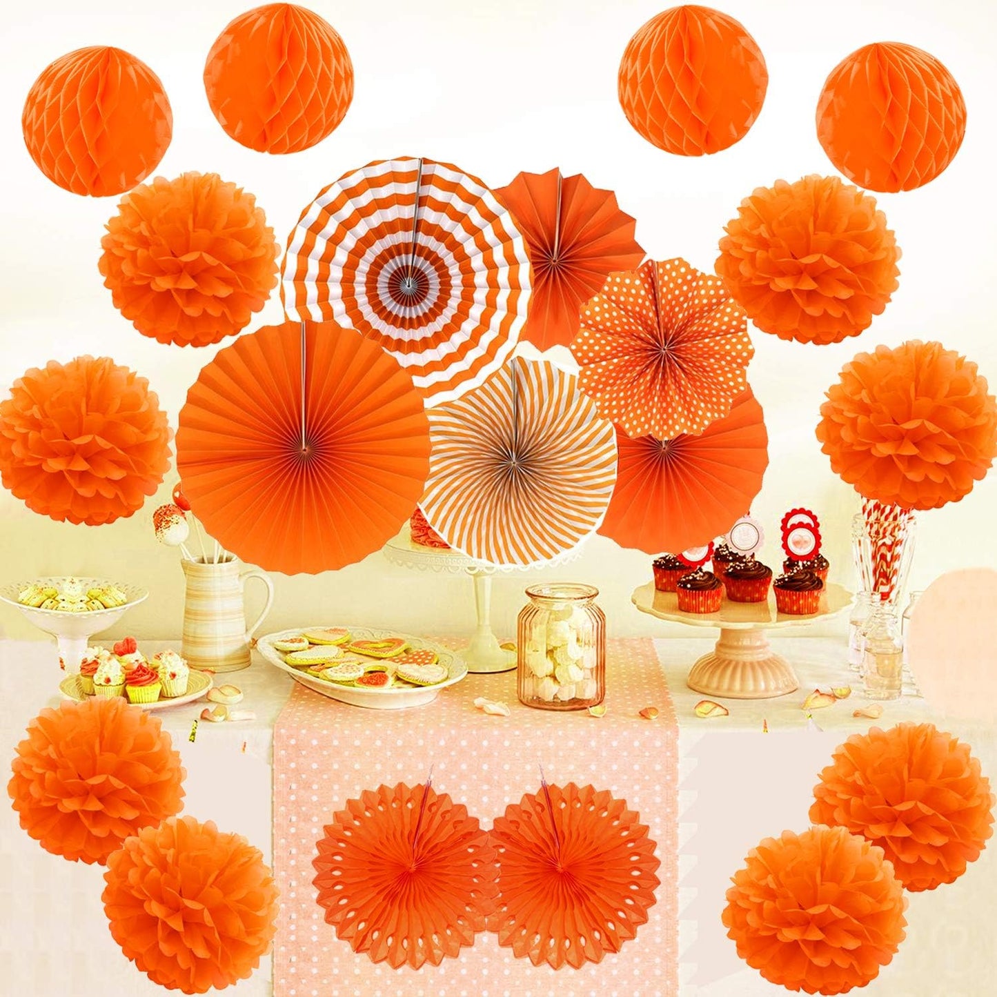 Hanging Paper Fan Set, Tissue Paper Pom Poms Flower Fan and Honeycomb Balls for Birthday Baby Shower Wedding Festival Decorations - Orange