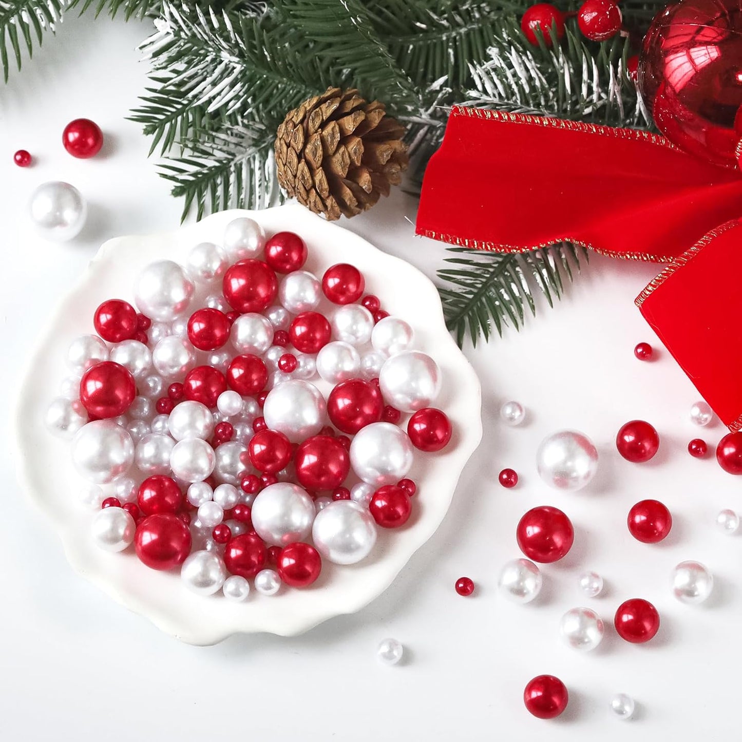 260Pcs Red&White Glossy Beads for Centerpiece Decor, Artifical Pearls Vase Filler, No Hole Round Pearl Beads for Wedding Birthday Christmas Party Home Decor(18mm 14mm 6mm)