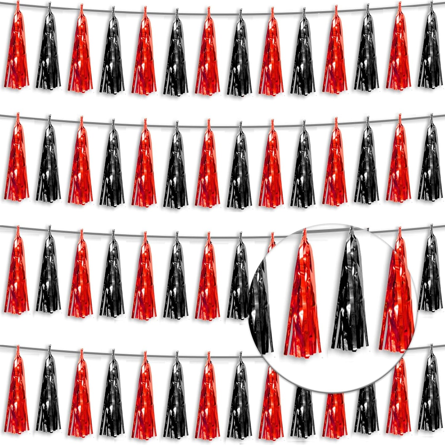 4P Black red Foil Fringe Tassel Banner Garland Metallic Tinsel Streamers Wall Hanging Curtain Backdrop Banner for Parade Floats, 2024 Graduation Decorations, Father's Day Party Decoration