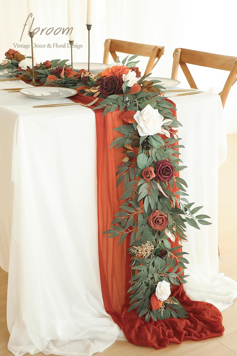 Floroom 6ft Artificial Eucalyptus Garland with Flowers Fake Greenery Burnt Orange Faux Floral Vine Garland for Table Decor Wedding Centerpieces Bridal Shower Party Decorations, Terracotta