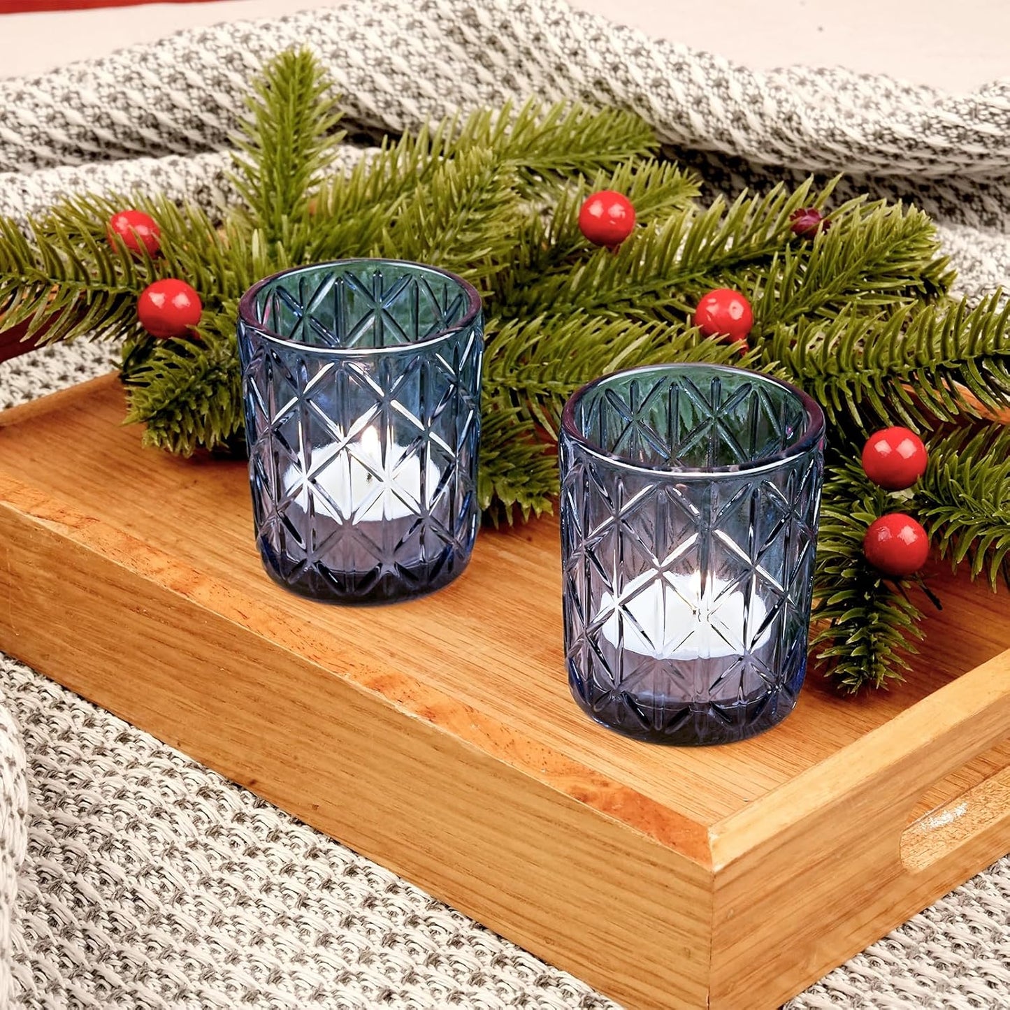 24pcs Blue Votive Candle Holders, Glass Votives Candle Holder in Bulk for Table Centerpieces, Tea Lights Candle Holder for Wedding Party Holiday Decor (Blue,24)