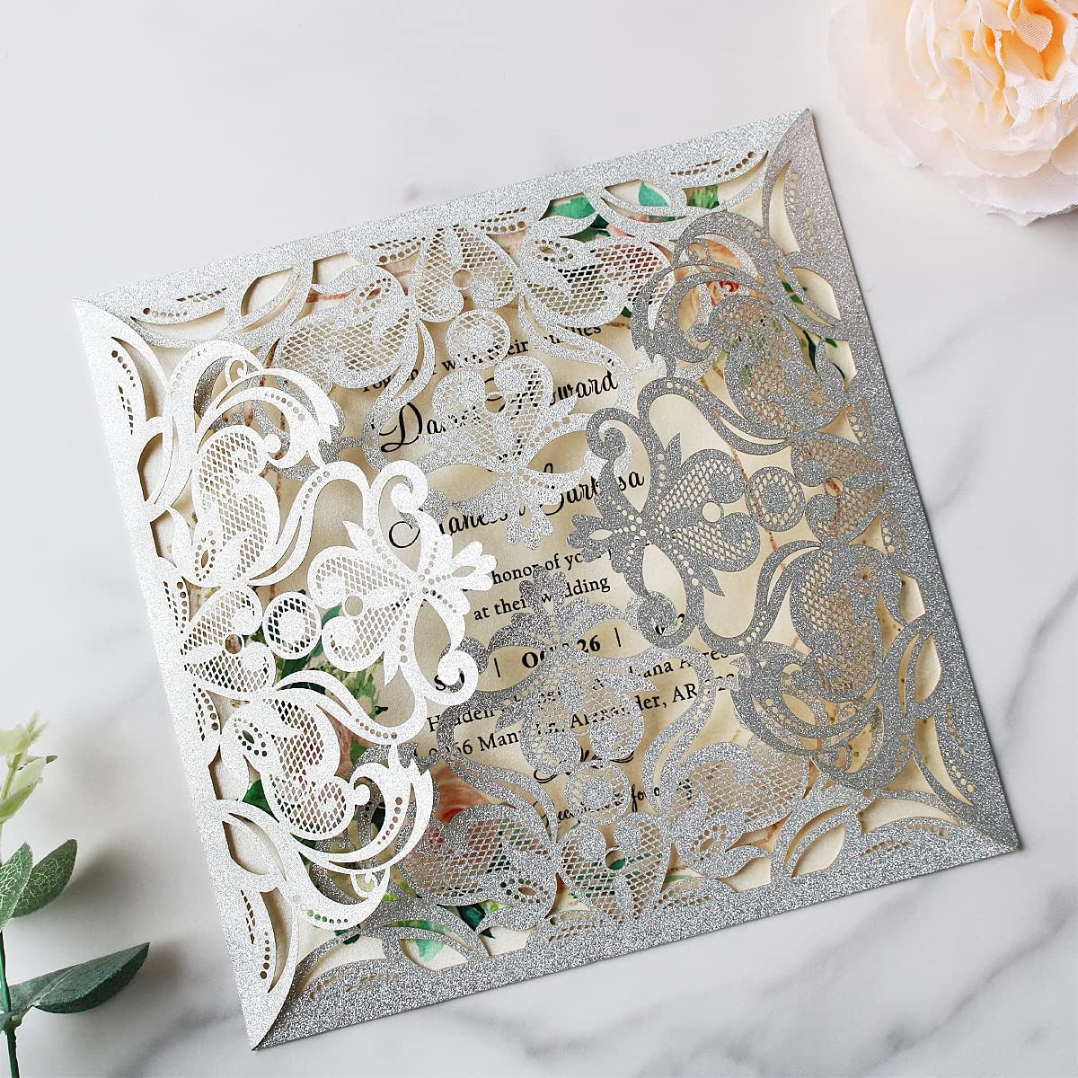 Hosmsua 6.3 x 6.3 Inch 50PCS Silver Glitter Laser Cut Hollow Lace Rose Wedding invitation Cards with Envelopes Wedding invitations for Anniversary Invite (Silver Glitter)