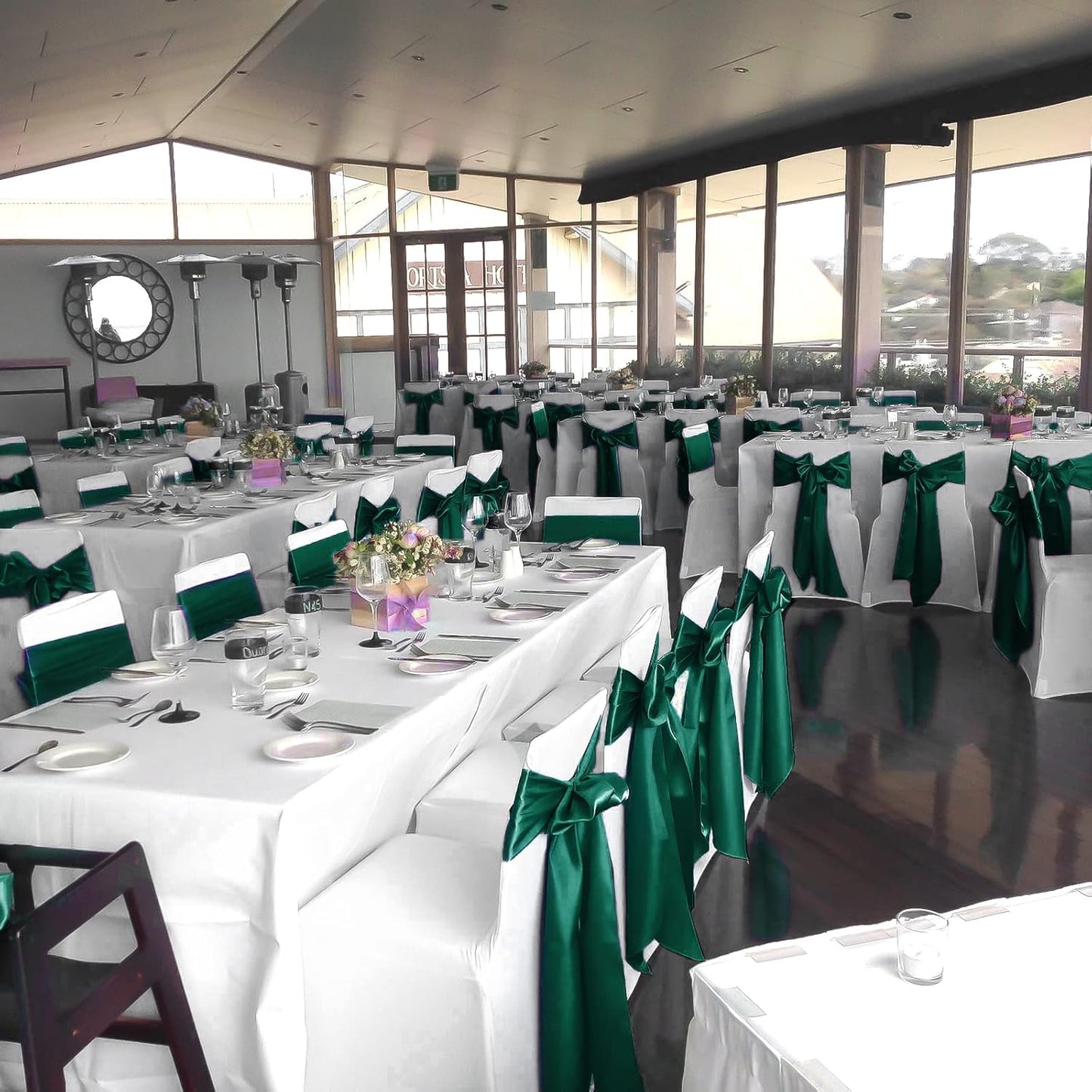 fani 120 PCS Forest Green Satin Chair Sashes Bows Universal Chair Cover for Wedding Reception Restaurant Event Decoration Banquet,Party,Hotel Event Decorations (7 x 108 inch)