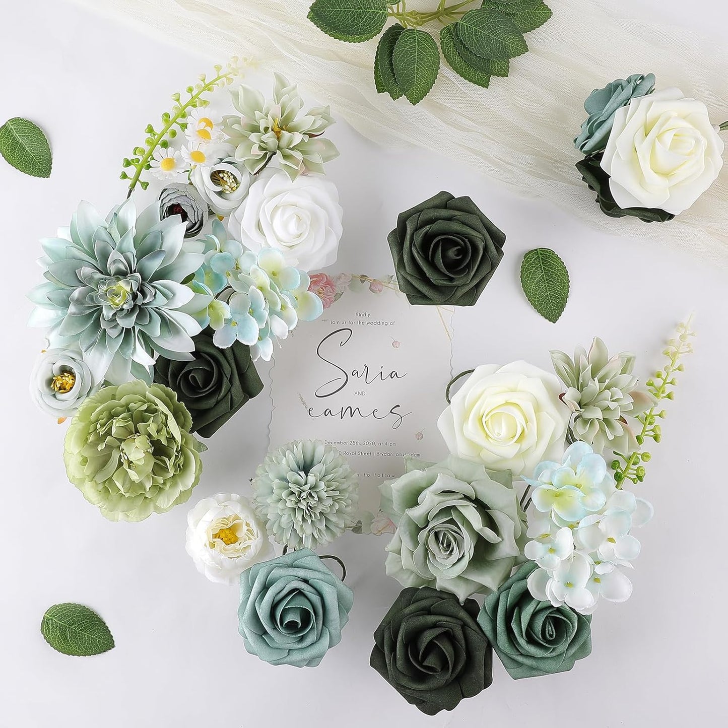 AmyHomie Forest Sage Green White Artificial Flowers Combo Silk Rose Fake Flowers w/Stem for DIY Wedding Bouquets Centerpieces Arrangements Table Fall Decor Party Bridal Baby Shower Home Decorations