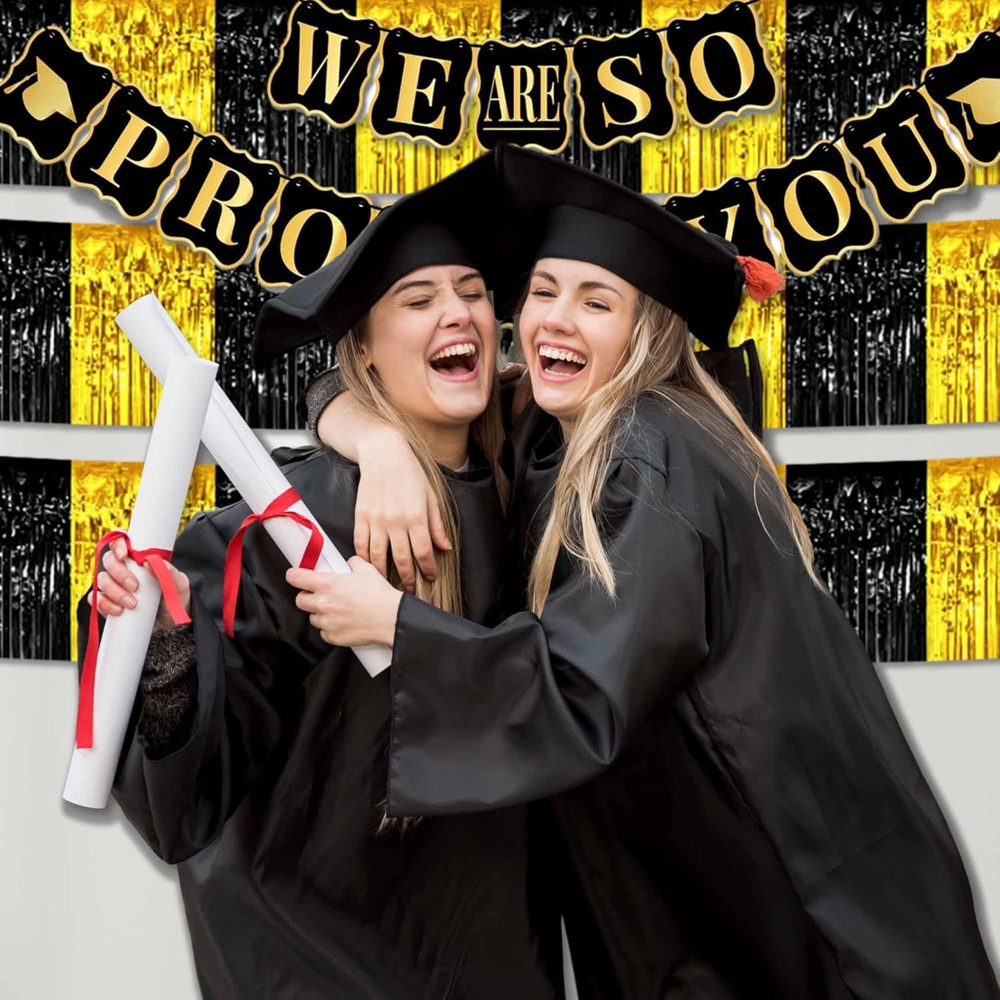 4 Pack 10 Ft Black and Gold Foil Fringe Garland Metallic Streamers Tinsel Banner Wall Hanging Garland Backdrop for Parade Floats, Halloween, Christmas, Thanksgiving, New Year Party Decorations