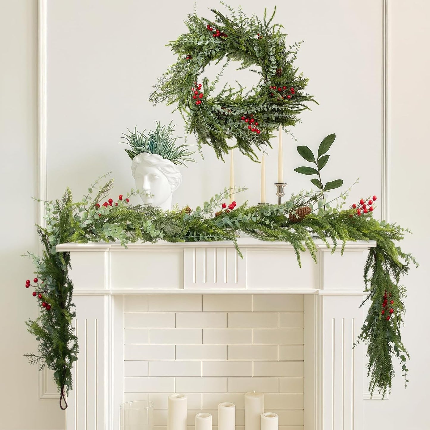 6FT Christmas Garland Norfolk Pine Tree Artificial Cedar Eucalyptus Greenery, Realistic Pine Garland for Mantel Fireplace Stair Rail Doorway Table Centerpiece, Indoor Outdoor Winter Decor