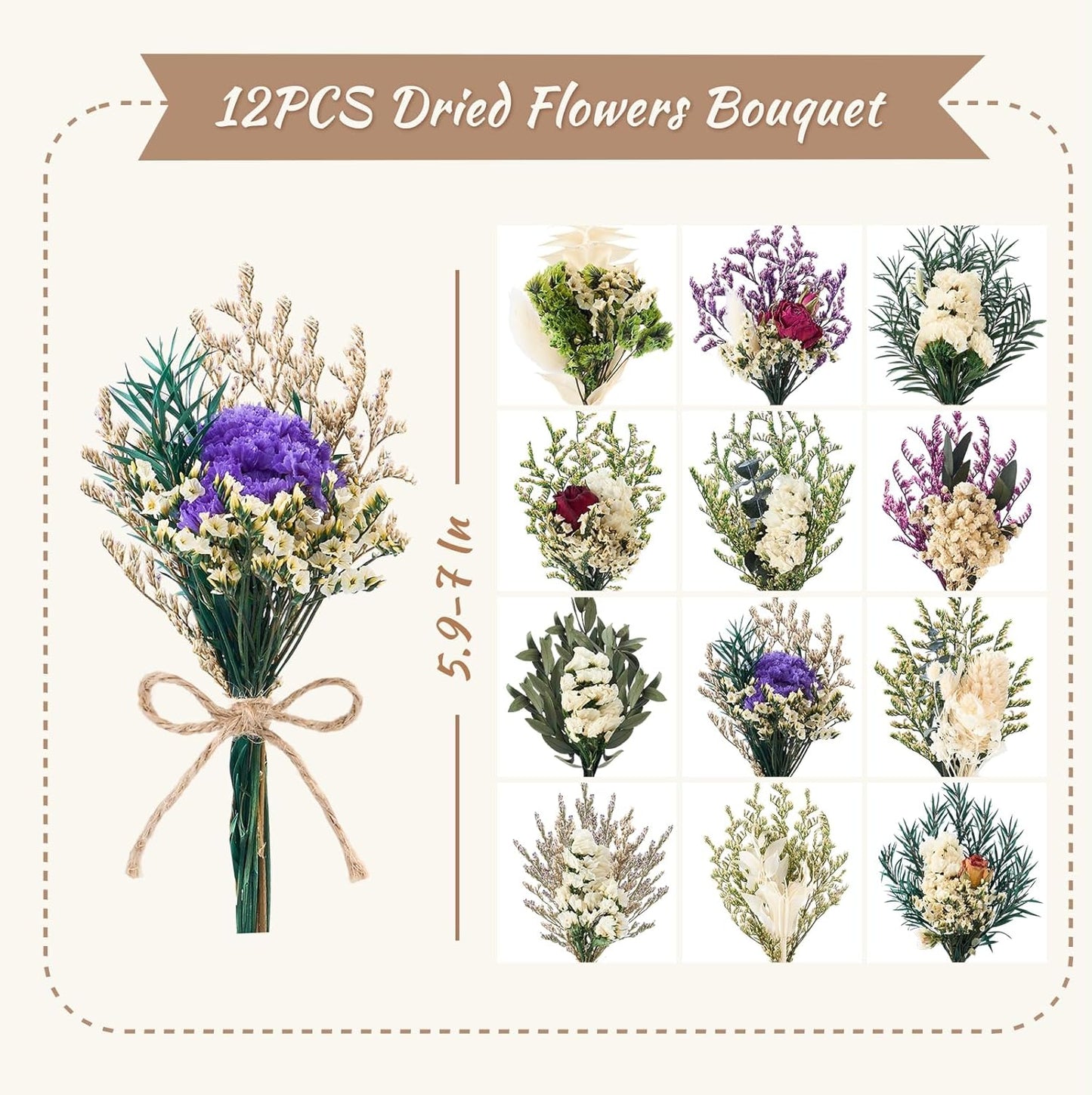 12/24 PCS Charming Dried Flowers Bouquet for Vase Various Dried Wildflowers with Stems Mini Handmade Wildflowers Natural Real Flowers Bulk Flowers Craft (White Series, 12 PCS)