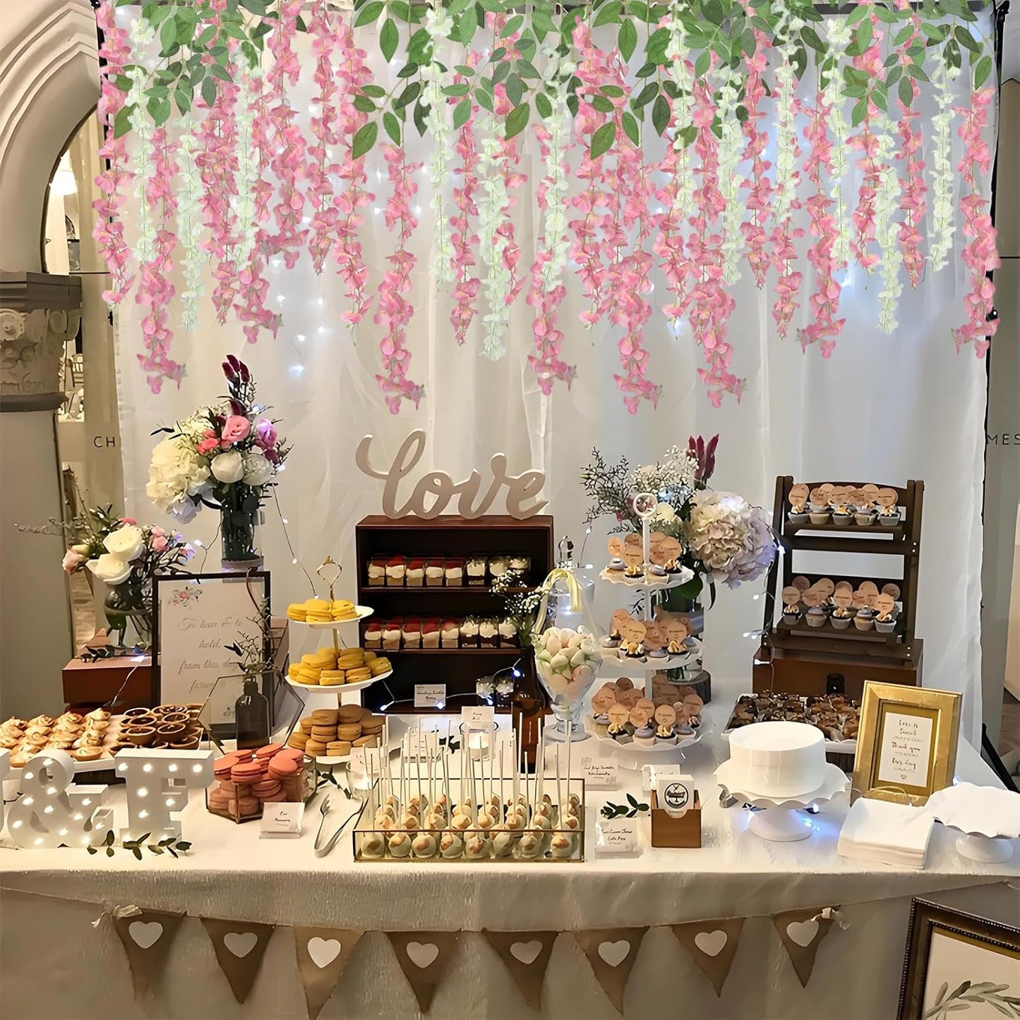 24 Pcs of Wisteria Hanging Flowers, 3.75 Feet Fake Wisteria Flower Strings, Artificial Wisteria Flowers Hanging Garland for Backdrop, Wedding, Ceremony,Garden and Home Wall Decoration (Pink)