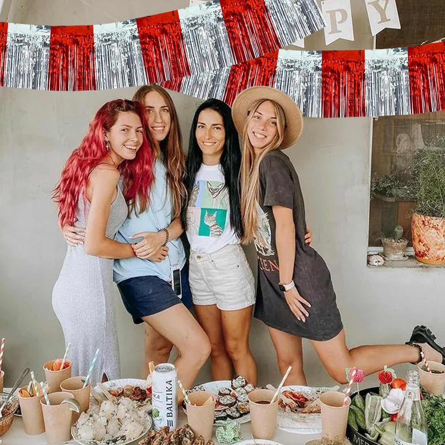 BEISHIDA 3 Packs Red Silver Metallic Foil Fringe Garland Red Silver Wall Hanging Tinsel Fringe Banners for Halloween Floats Bridal Shower Wedding Birthday Graduation Holiday Party Decoration(30 Ft)