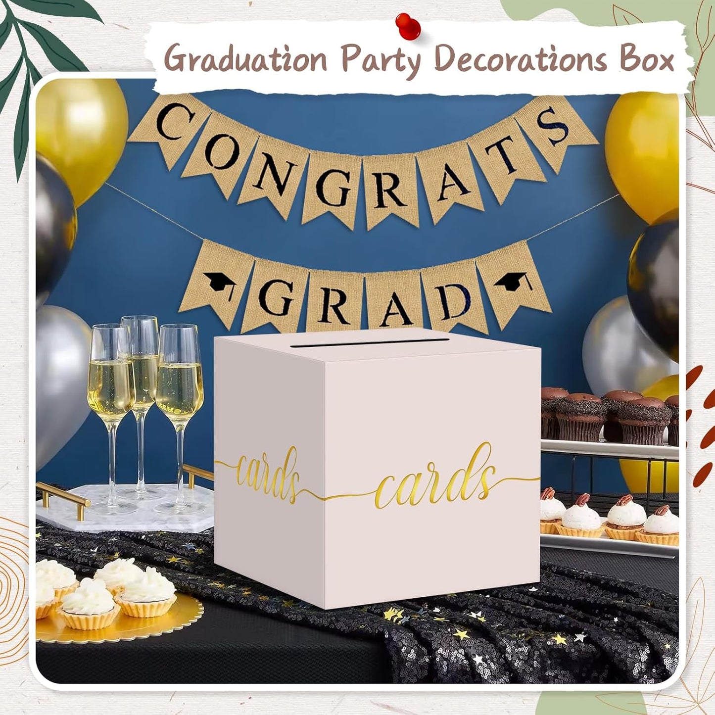 QIKSION Blush Pink Wedding Card Box, Rose Gold Foil Gift Card Box for Party, Wedding Reception, Graduation, Birthday, Baby Shower, Raffle