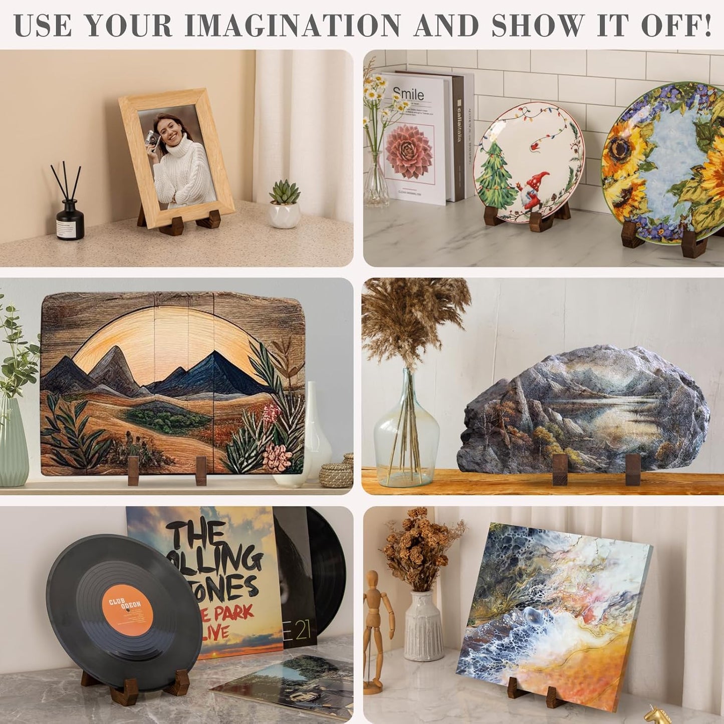 Plate Display Stand, 3 Pack 4 Inch Plate Holder for Displaying, Decorative Picture Frame Dish Photo Plaque Platter Wood Stand