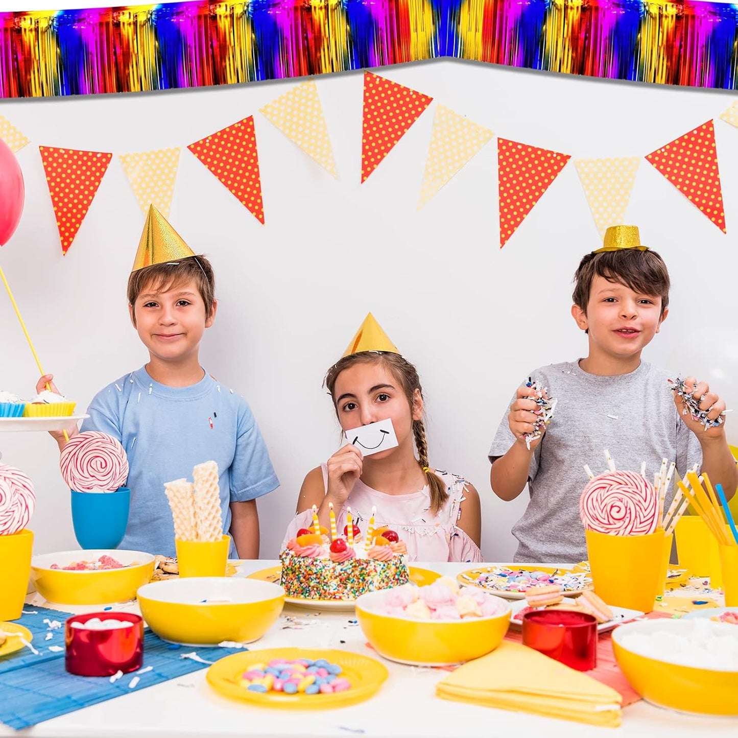 10 Pack 10 Feet Foil Fringe Garland Metallic Tinsel Streamers Banner Wall Hanging Curtain Backdrop for Parade Floats, Bachelorette, Wedding, Birthday, Halloween, Christmas Party Decorations(Rainbow)