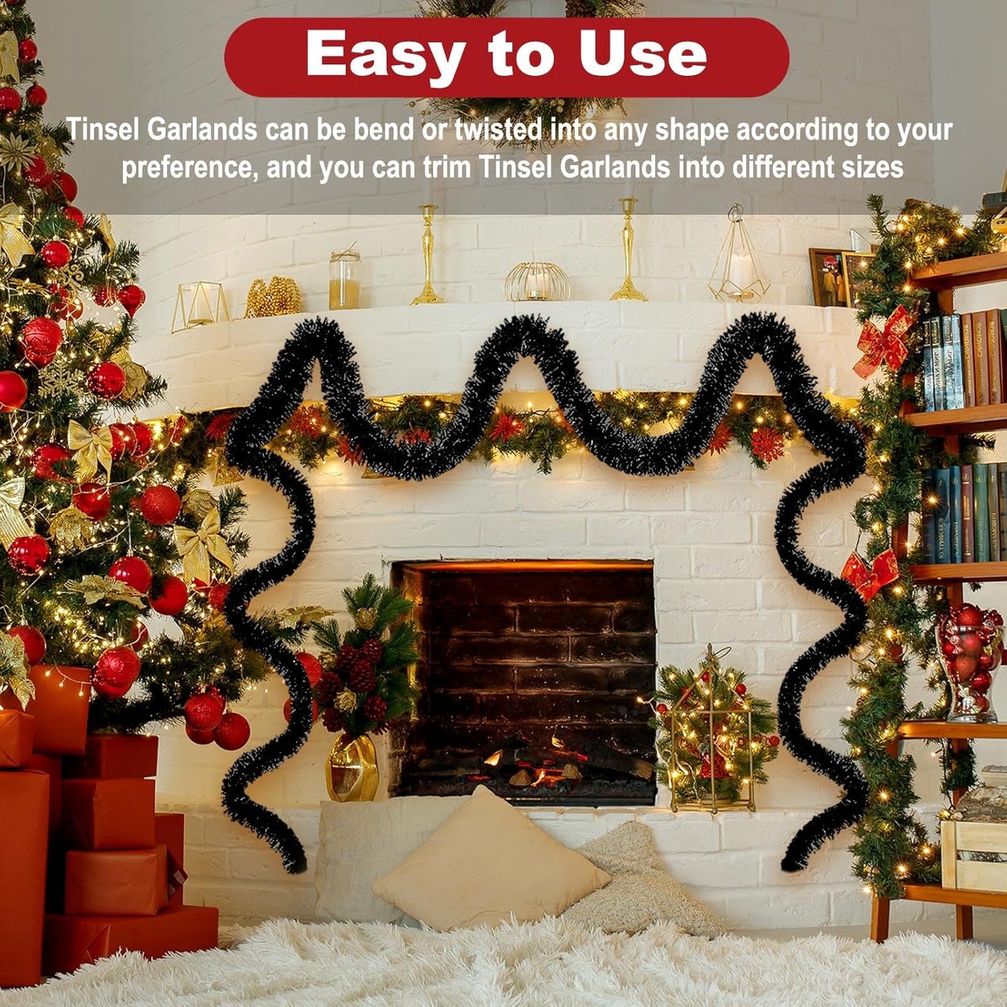 50 Feet Christmas Foil Fringe Banner Metallic Tassle Garland Metallic Backdrop Parade Floats Shiny Hanging Ceiling, Valentine's, Wedding, New Year Party Decorations(2" x 50', Black)