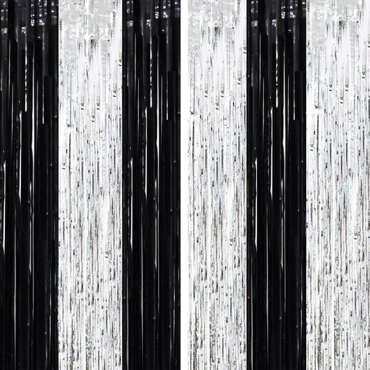2 Pack Black and Silver Tinsel Foil Fringe Curtains, Black White Party Decorations, Metallic Tinsel Party Streamers Backdrop for New Years Birthday Christmas Graduation Decorations