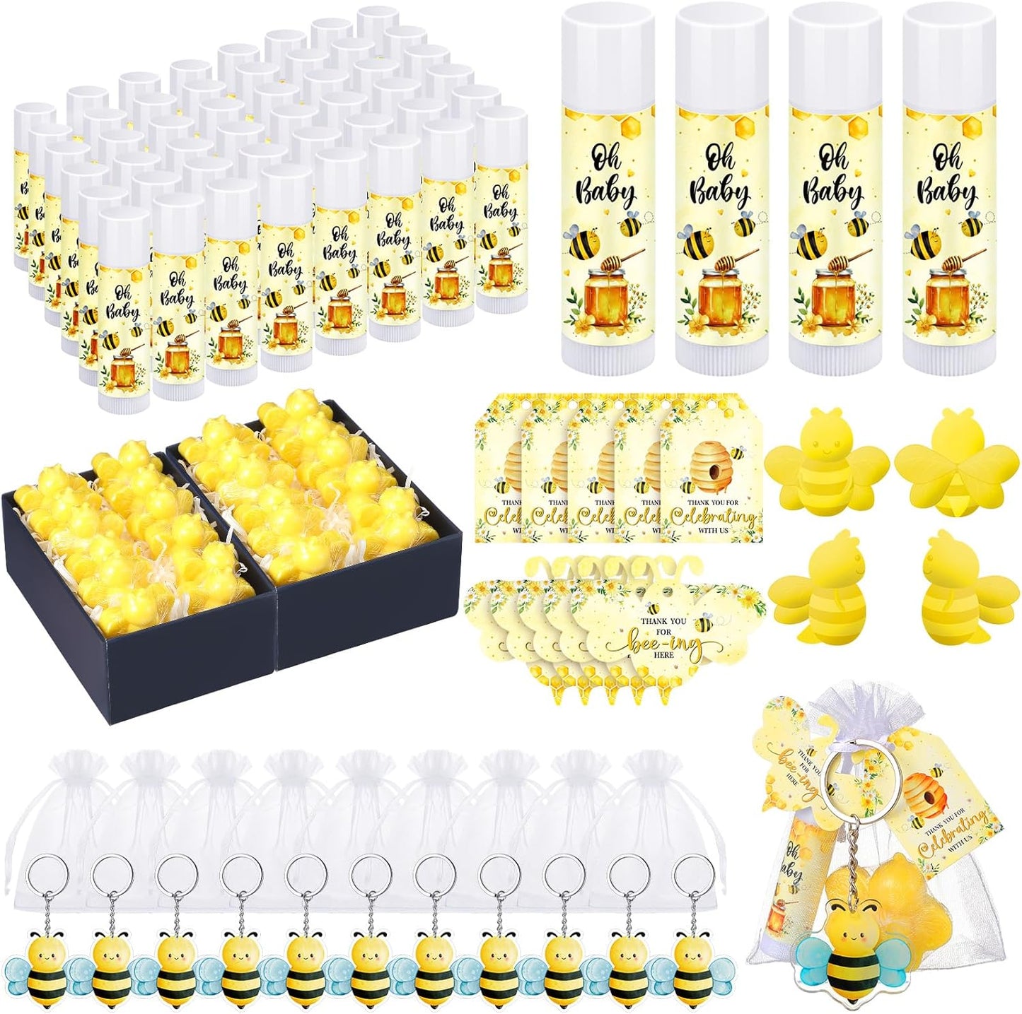 288 Baby Shower Favors Baby Shower Gifts Bulk Lip Balms Soaps Keychains Organza Bags Guest Appreciation Gift with Thank You Tags and Cards for Boys Girls Guest Gift(Yellow,Bee)