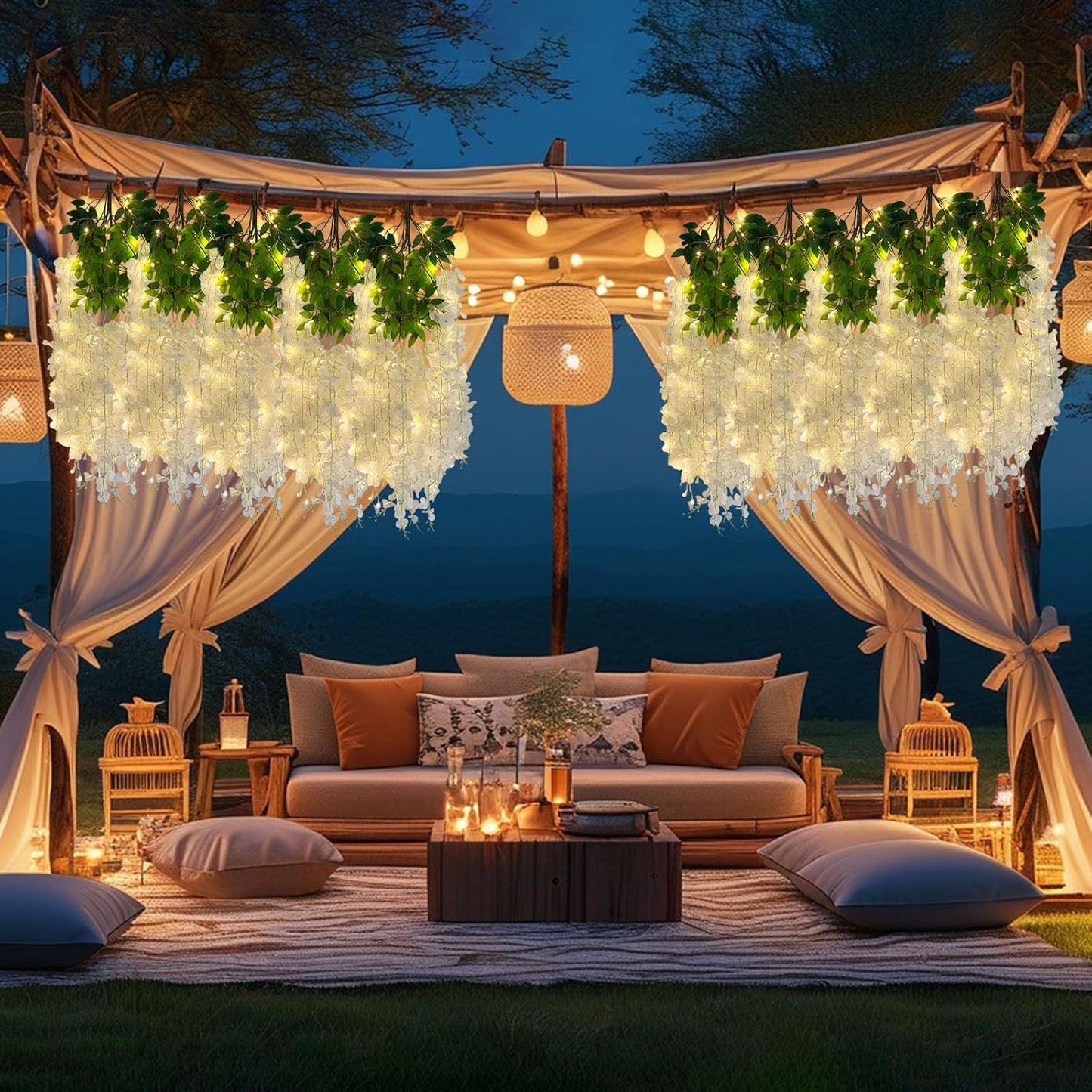 12 Pack White Wisteria Hanging Flowers Garland with Lights, 3.44 Feet Artificial Flower Vines, Fake Wisteria, Artificial Vines Hanging Garland for Backdrop Outdoor Patio Garden Decor