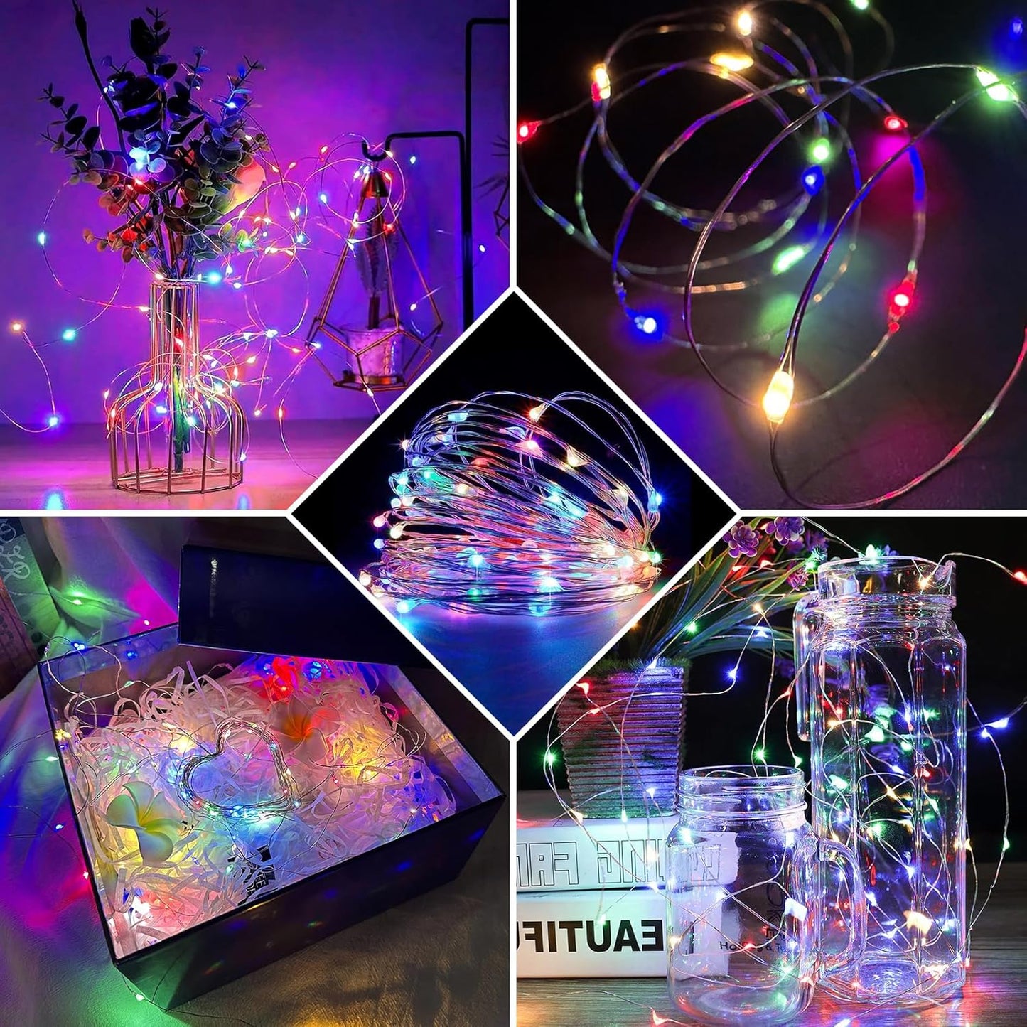 100 Pack Fairy Lights 7Ft 20 LED Twinkle String Lights 3 Modes Battery Operated Waterproof Firefly Starry for Mason Jar Party Wedding Christmas Valentines Day Table Centerpieces,Multicolor