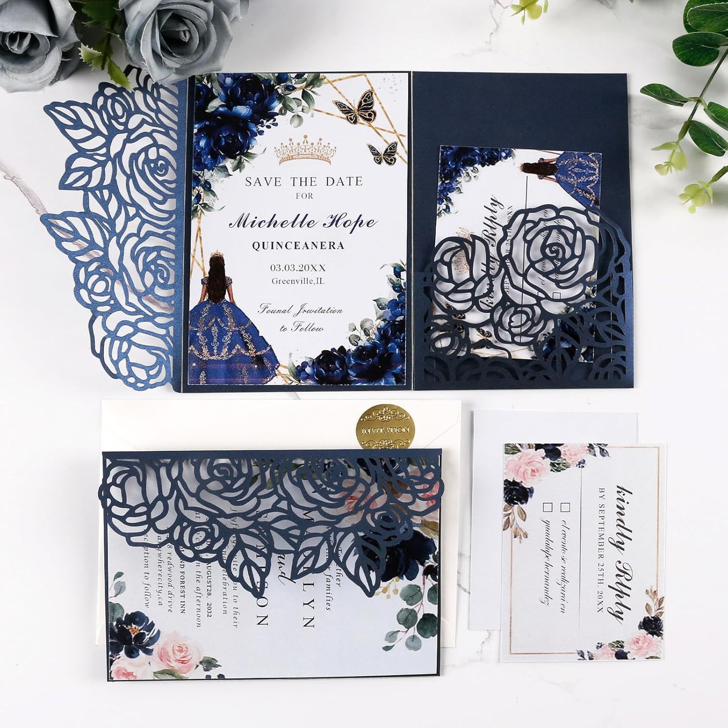 50pcs 250GSM Tri-Fold Wedding Invitations with Envelopes and RSVP Cards Laser Cut Hollow Wedding Invitation Kit for Wedding Engagement Bridal Shower Party Invite 5X7 Inch Navy Blue