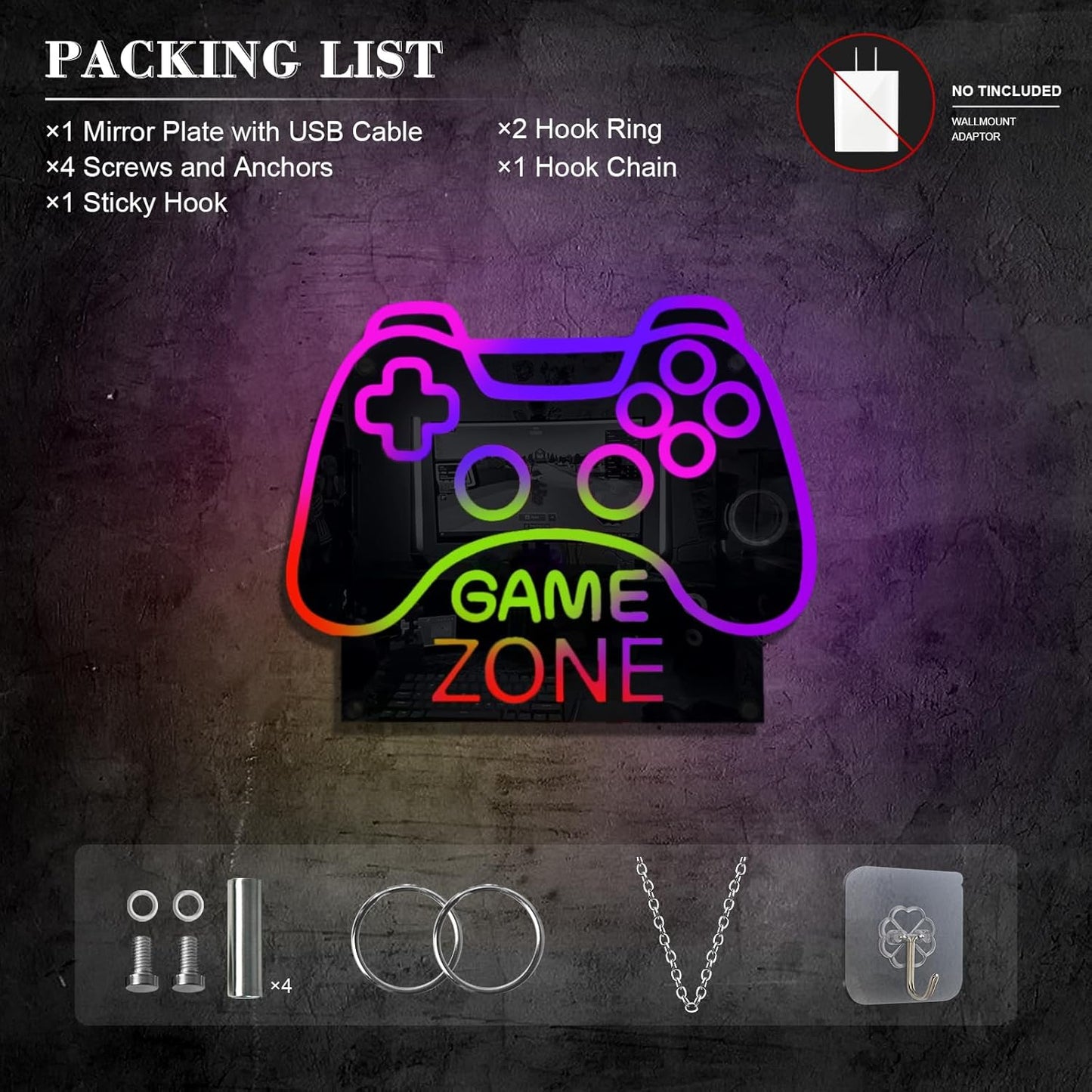 ineonlife Game Zone Controller Neon Sign Mirrored Colorful LED Lights for Gaming Room Decor Light Up Signs for Teen Boy Bedroom Decoration Best Gift for Kids 11.42 x 14.17 inches USB Powerd