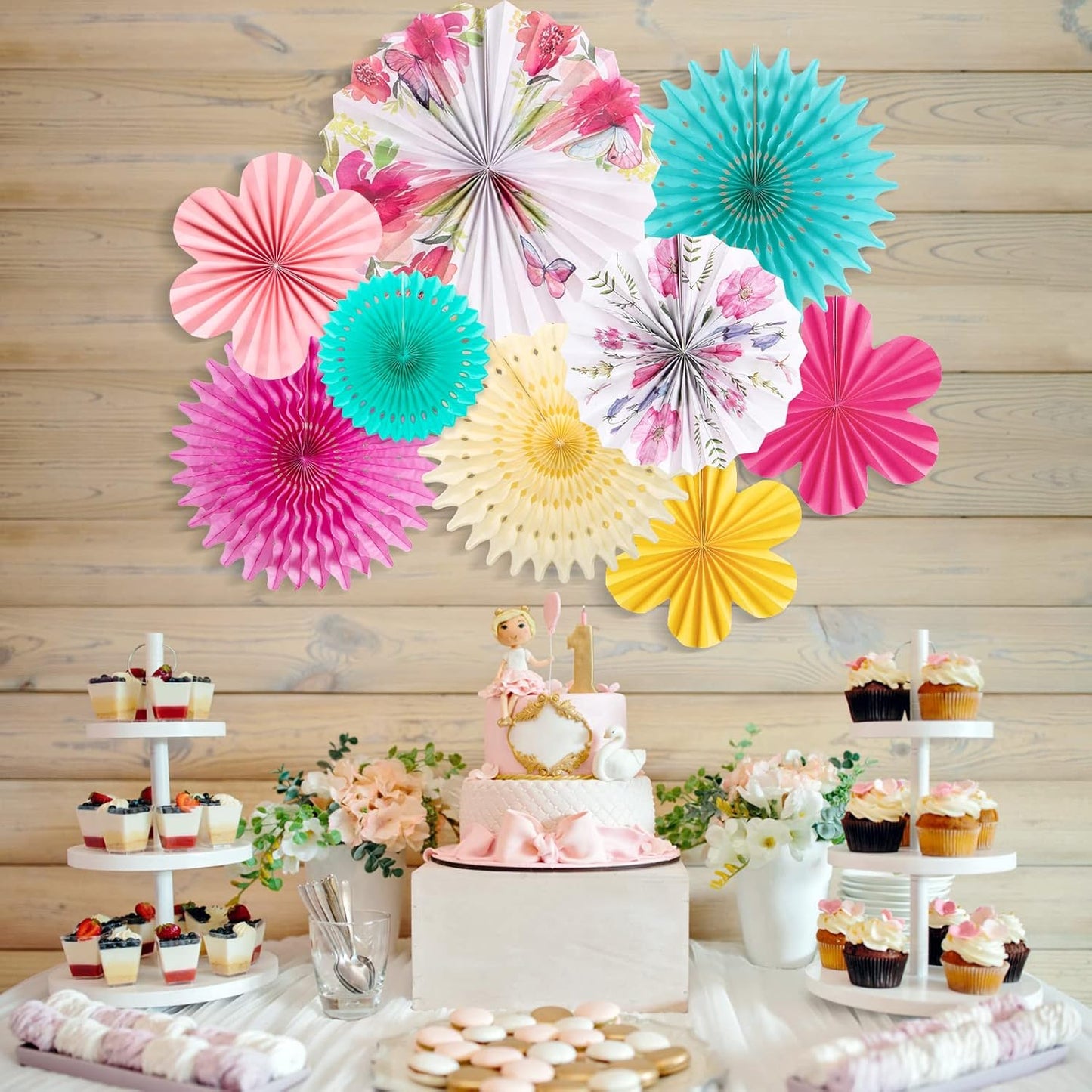 SUNBEAUTY Paper Flowers Decorations for Wall Tea Party Decoration Paper Fans Classroom Decoration Paper Floral Backdrop Decor Paper Fans Decoration Flower Wall Decor,Set of 9