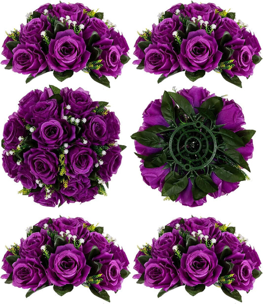 BLOSMON Flower Balls Wedding Rose Centerpieces 6 Pcs Purple Fake Flowers with Base Kissing Balls Decor Artificial Floral Arrangements Flower Bouquet of Roses Home Party Table DIY Decorations