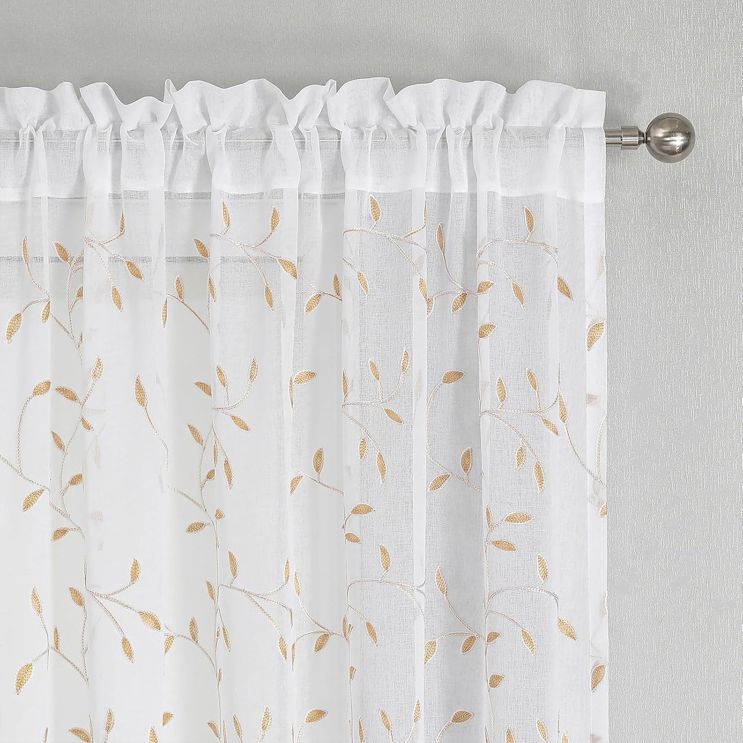 VISIONTEX White Sheer Voile Curtains, Decorative Orange Leaves Embroidery Faux Linen Rod Pocket Window Drapes for Home Kitchen, Living Room and Bedroom 54 x 95 Inch, Set of 2 Curtain Panels
