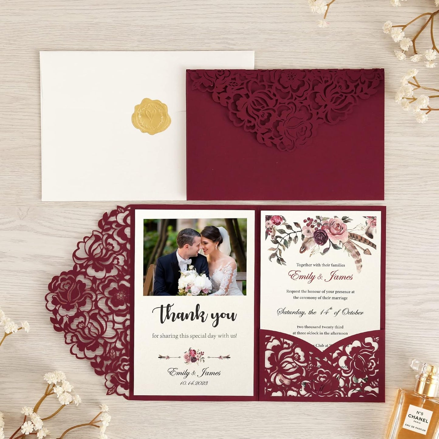 DORIS HOME 50pcs Laser Cut Wedding Invitations with Envelopes Burgundy, 4.7x7.1 Personalized Invitation Cards for Wedding, Anniversary Invitations with Envelopes