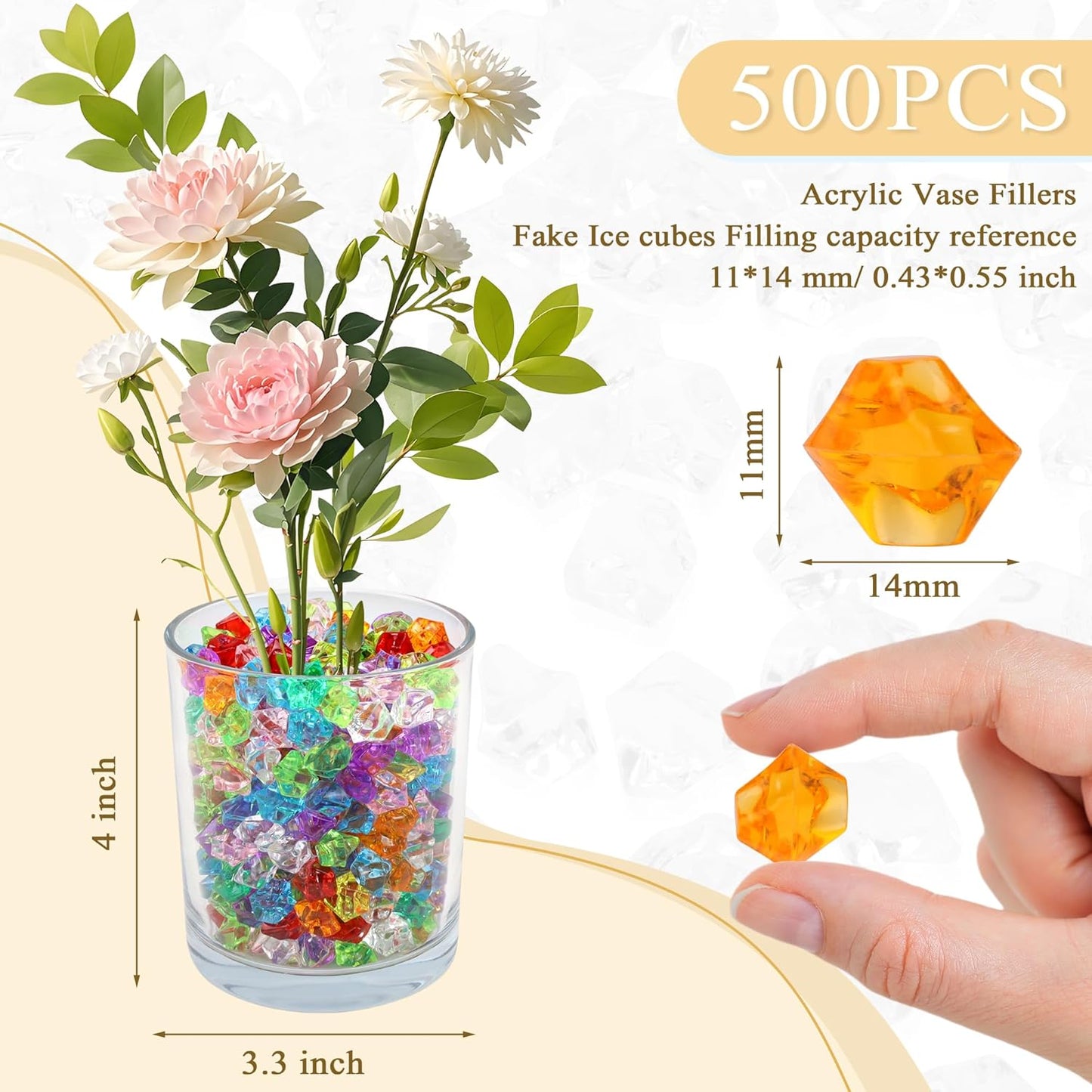 YATOJUZI 500pcs Fake Ice Cubes Acrylic Gems Gemstones Multicolor Vase Filler Crushed Rocks Plastic Diamonds Crystals for DIY Party Wedding Centerpiece Table Scatter Prop Display 0.5" (Random Color)
