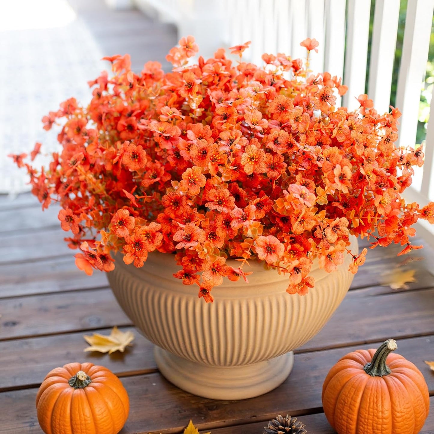 HyeFlora Artificial Fall Flowers Faux Mums for Outdoor Indoor Garden Home Decoration, Faux Flower Daisy with Eucalyptus Leaves Fake Mums Plants Greenery Boxwood Porch Patio, 12 Bundles (F Orange)