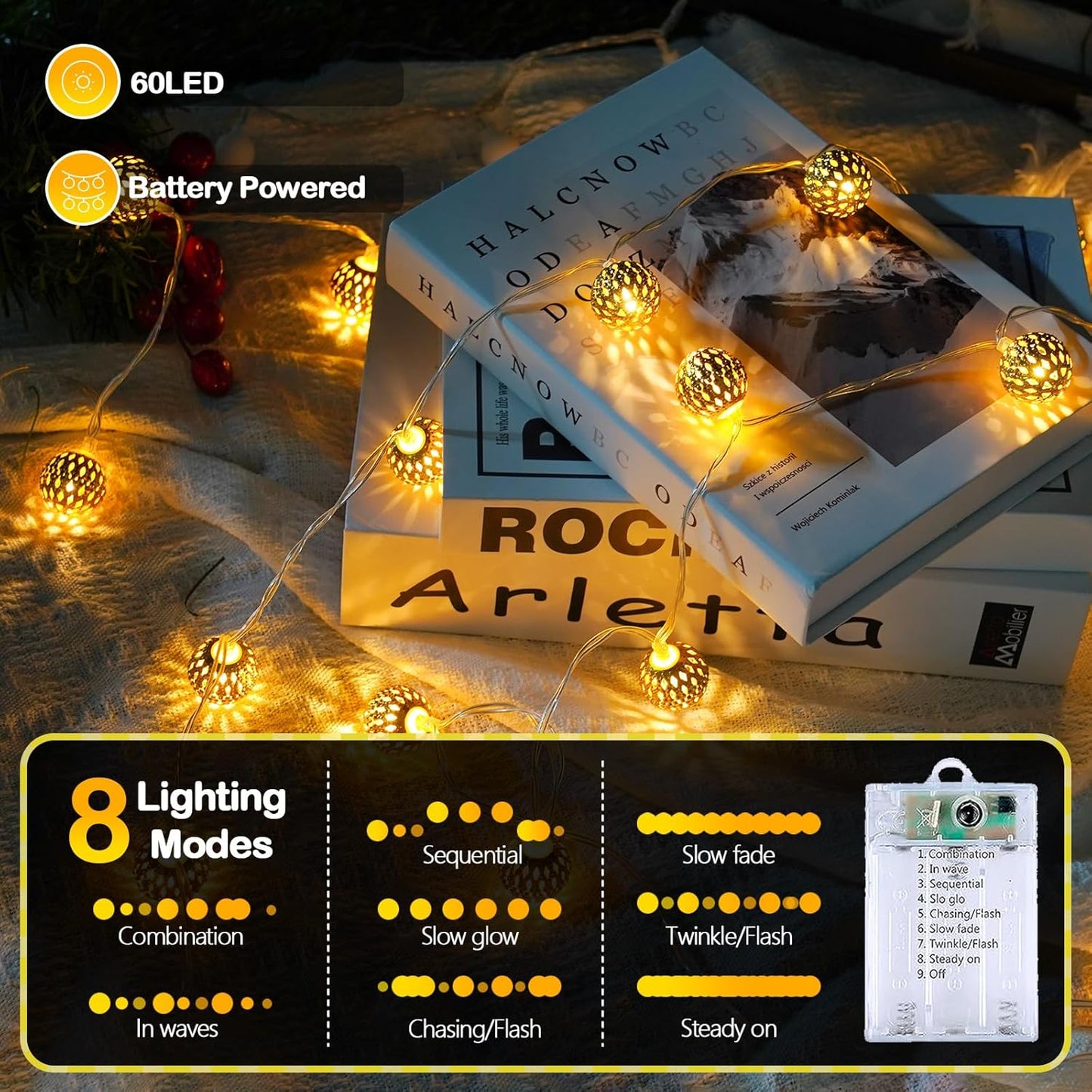 LORRYTE Moroccan String Lights Outdoor Battery Operated, 60 LED 36 FT Globe Fairy Lights with 8 Lighting Modes, String Lights for Bedroom Party Wedding Garden Christmas Decor (Warm White)