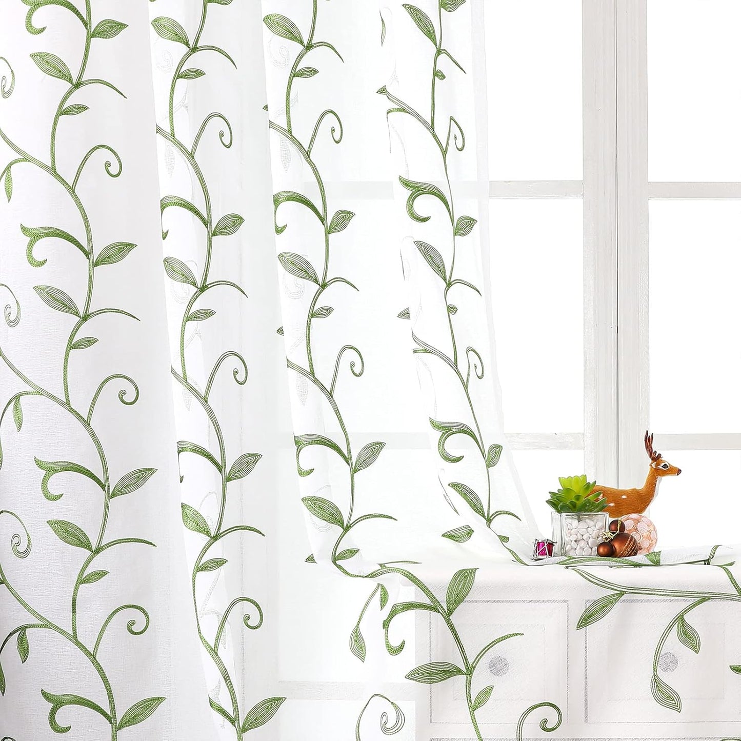 VISIONTEX Embroidered Green Sheer Voile Curtains, Leaves Embroidery Faux Linen Rod Pocket Window Drapes for Living Room and Girls Bedroom 54 x 84 Inch, Set of 2 Curtain Panels