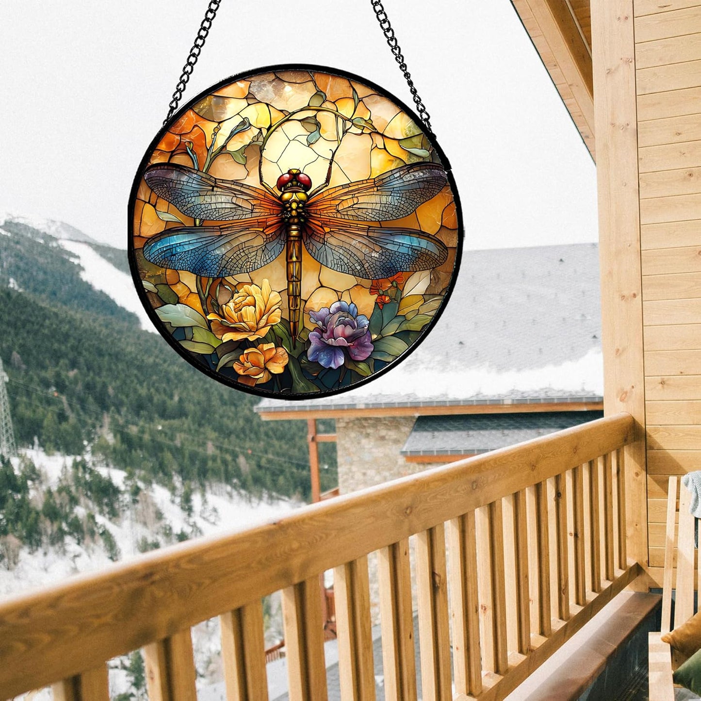Stained Glass Window Hanging - Orange Blue Dragonfly Flower Suncatcher for Doors Window Home Sun Catchers Decor Christmas Mother's Day Birthday Outdoor Gifts for Women Men Mom Nana 6.3 in