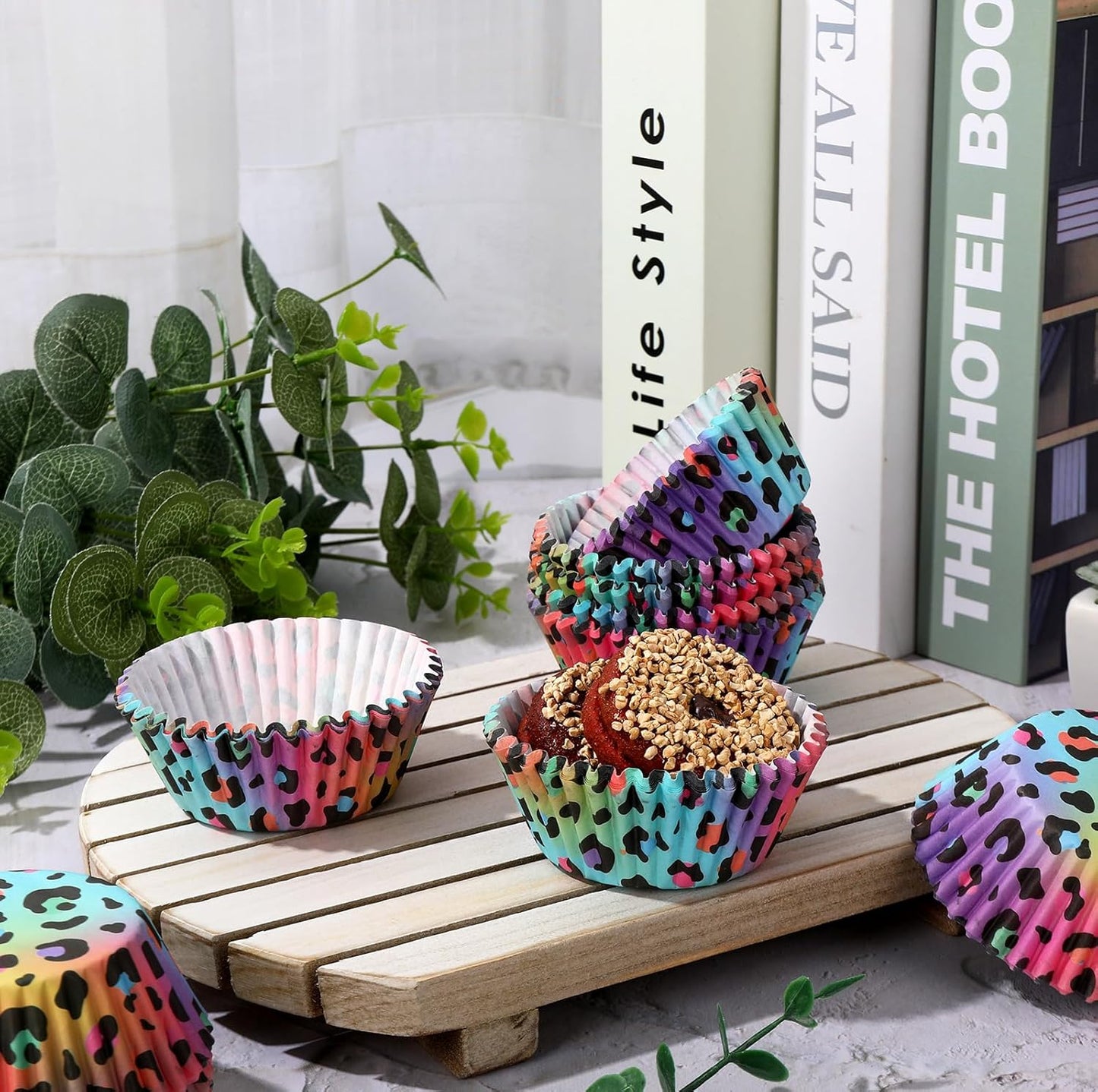 Whaline 300Pcs Leopard Print Cupcake Liner Neon Animal Spot Paper Baking Cup Rainbow Muffin Liner Cake Storage Container For Party DIY Craft, 2 x 1.2 Inch