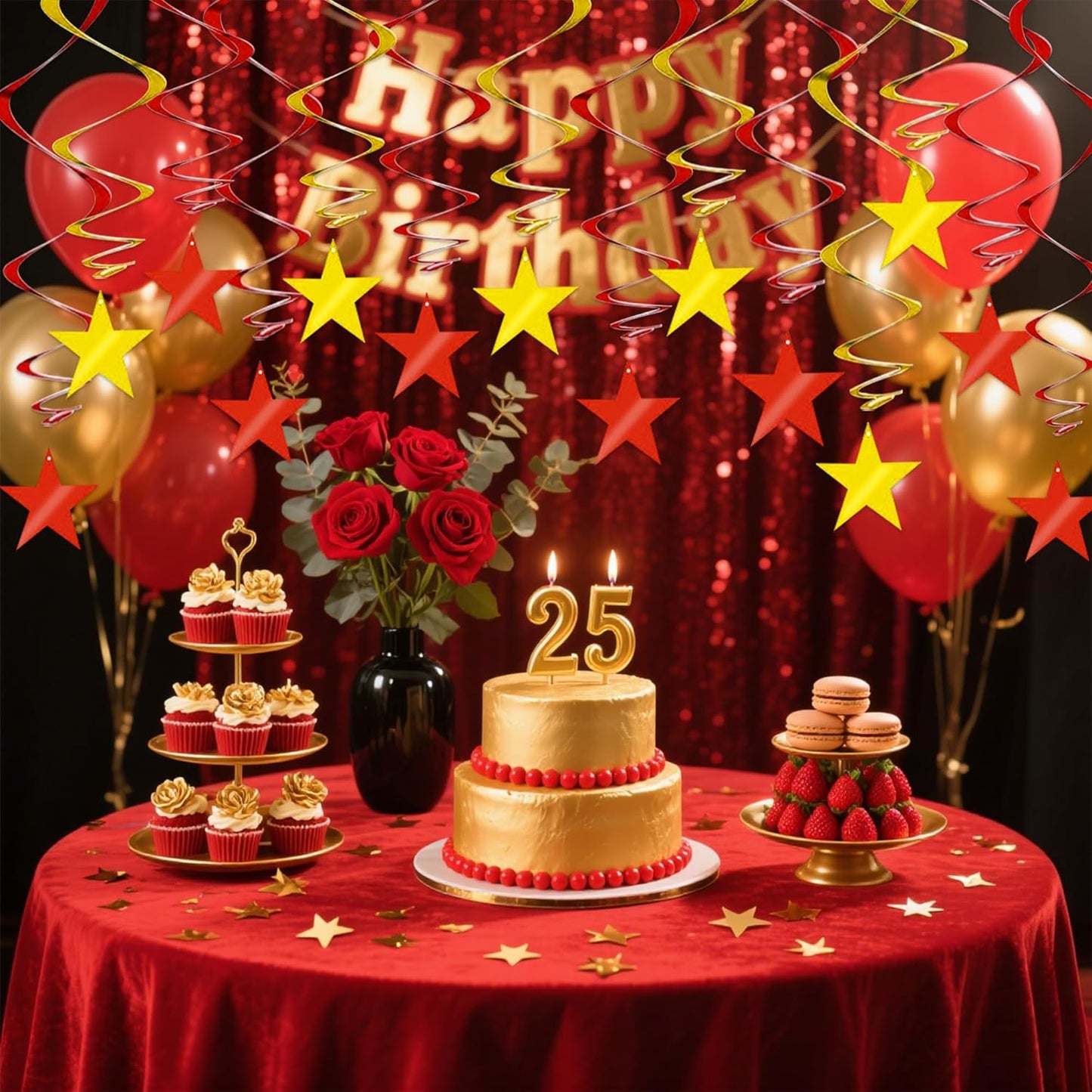 BEISHIDA Red Gold Star Hanging Swirl Decorations, Christmas Party Supplies for Birthday Graduation Wedding Christmas Decorations,Pack of 15