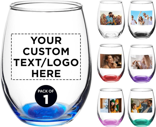 DISCOUNT PROMOS Custom Stemless Wine Glass 9 oz. Set of 1, Personalized text, logo and picture - Great for Wedding Favors, Bachelorette Party Decorations, Party Favors, Color Bottom - Blue
