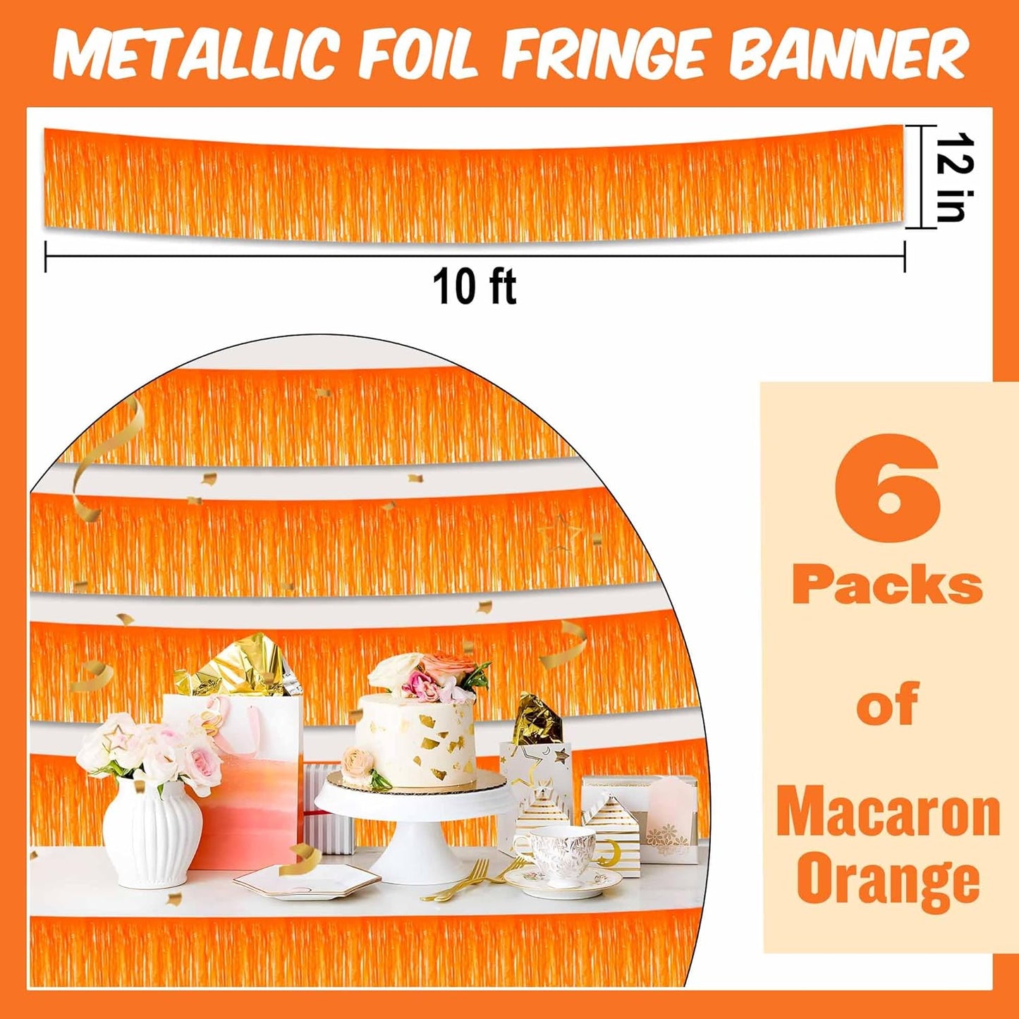 6 Pack 10 Ft Macaron Orange Foil Fringe Garland Metallic Streamers Tinsel Banner Wall Hanging Garland Backdrop for Parade Floats, Halloween, Christmas, Thanksgiving, New Year Party Decorations