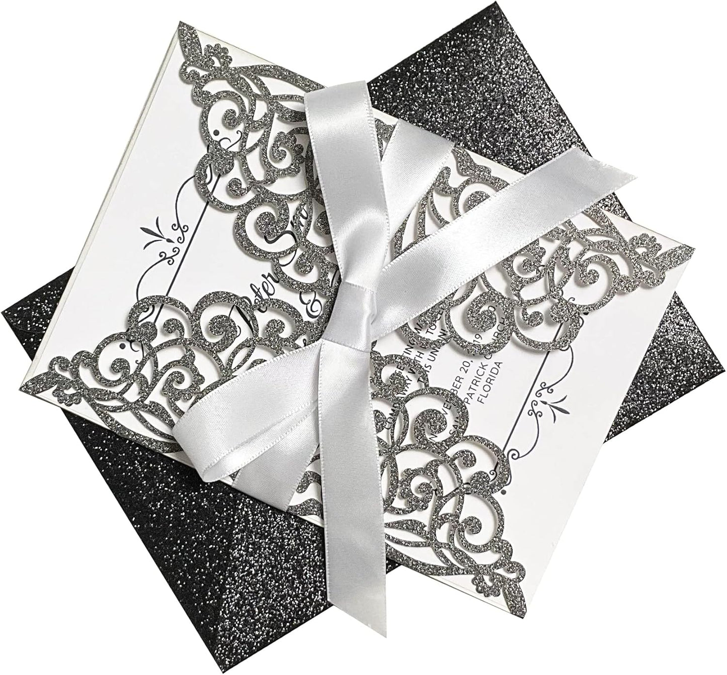 50Pcs Laser Cut Black Wedding Invitation With Glitter Envelopes And Ribbons Blank Personalized Card Invitaciones Para quinceañera Birthday Baby Shower Christmas Party Bridal Shower