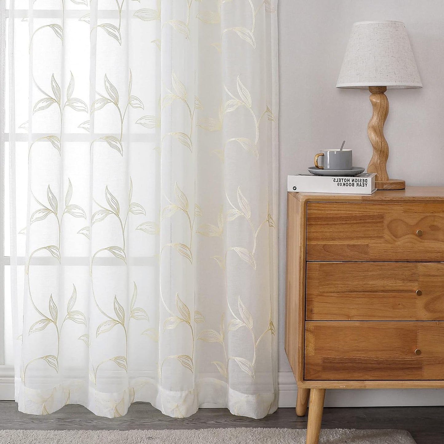 VISIONTEX Sheer Curtains 72 inch Length 2 Panels Set, White Voile Crushed Cream Vine Leaves Embroidery, Rod Pocket Embroidered Window Drapes for Living Room and Bedroom, 54" x 72"