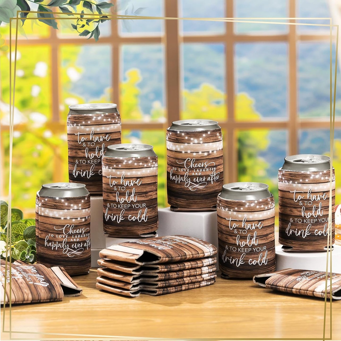 50 Pieces Wedding Can Cooler Bulk Engagement Party Favors for Guests Cheers to Love Laughter and Happily Ever After Rehearsal Dinner Decorations for Wedding Bridal(Wood Grain,Cute)