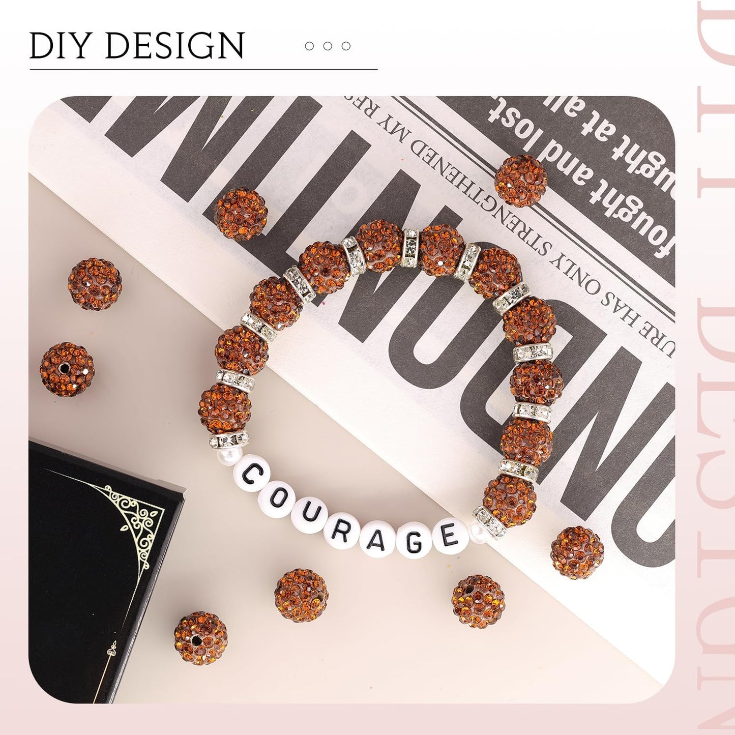 150 pcs 10mm Rhinestone Beads for Jewelry Making, Brown Shiny Round Shamballa Disco Beads Bulk, Sparkle Crystal Clay Christmas for Bracelet Baseball Necklace Earring Crafting and DIY