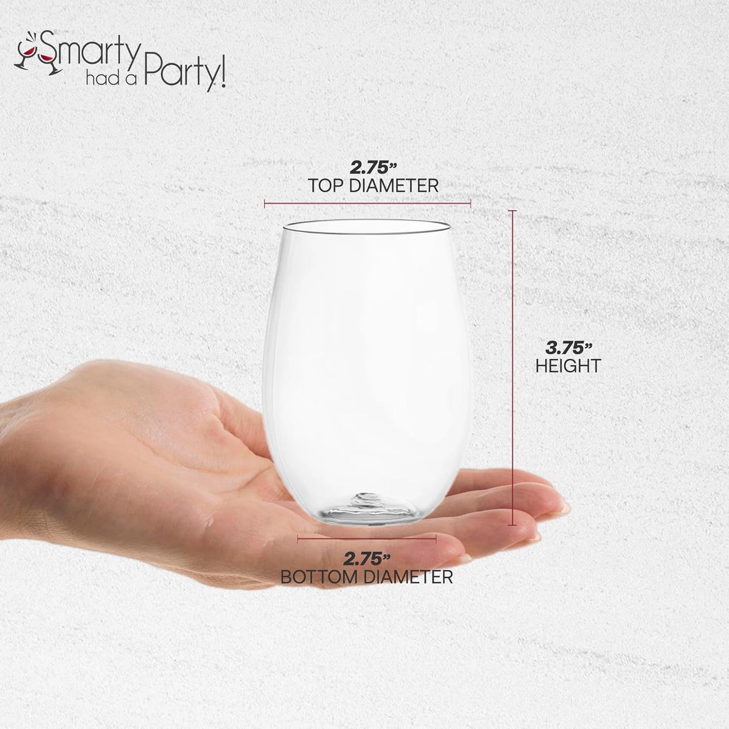 Smarty Had A Party 16 oz Clear Stemless Plastic Wine Glasses, Unbreakable Disposable Drinkware for Weddings, Parties, and Events, Bulk Set (64 Count)